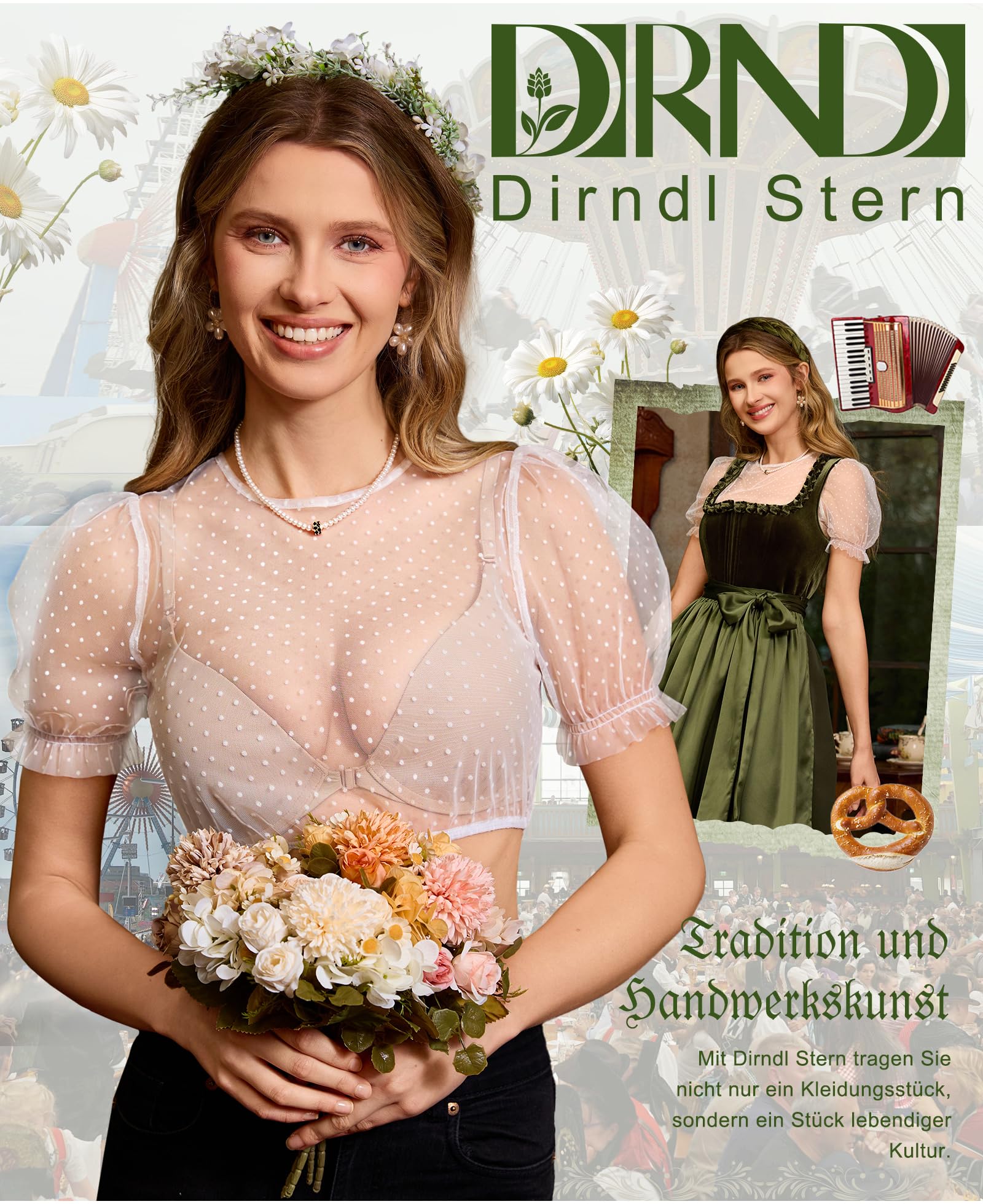 DIRNDLSTERN Bluse Damen – Dirndlbluse Transparent mit Punkten Puffärmel Trachtenbluse Kurzarm für Oktoberfest & Bayerische