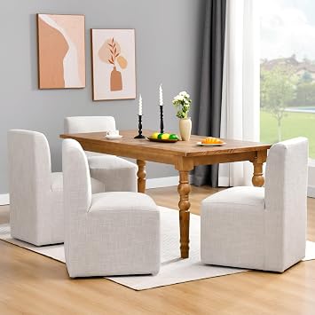 DUHOME Upholstered Dining Chair with Casters - Set of 4, Armless Modern Rolling Linen Dining Chairs with Wheels for Dining, Bedroom, Reading, Living Room