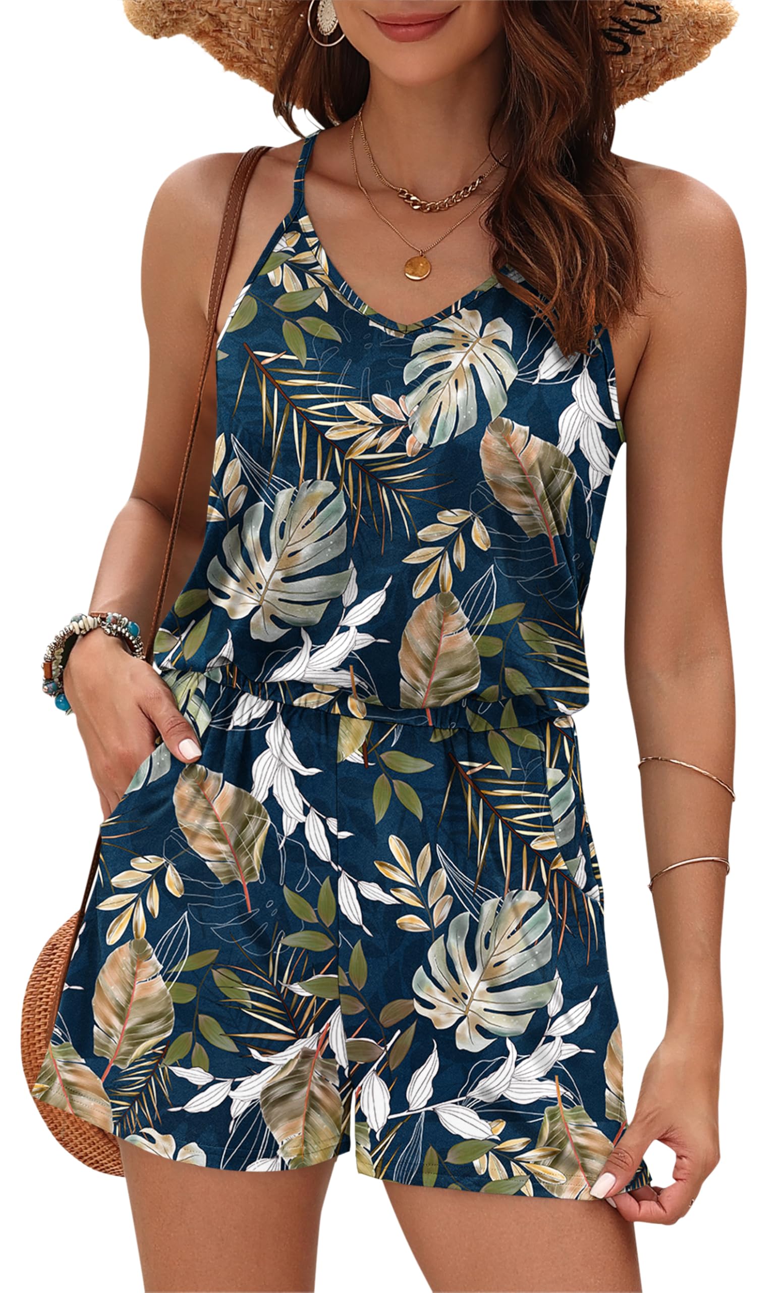 MISFAY Womens Summer Loose V Neck Spaghetti Strap Short Jumpsuit Rompers 2026