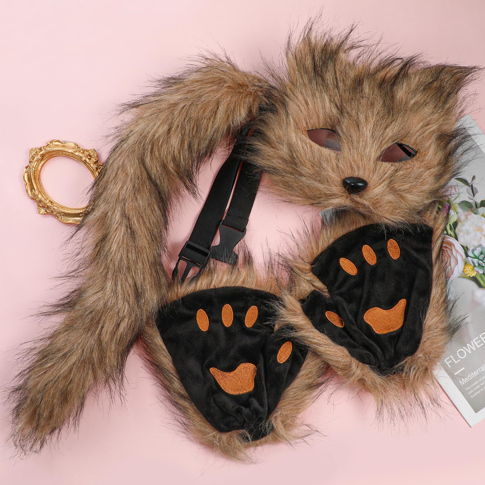 XEPST Animale Fox Costume Set con Therian Mask and Tail, Maschera e Coda da Volpe Therian Set di Accessori per Halloween Cosplay Costume Fancy Dress Carnevale,Marrone