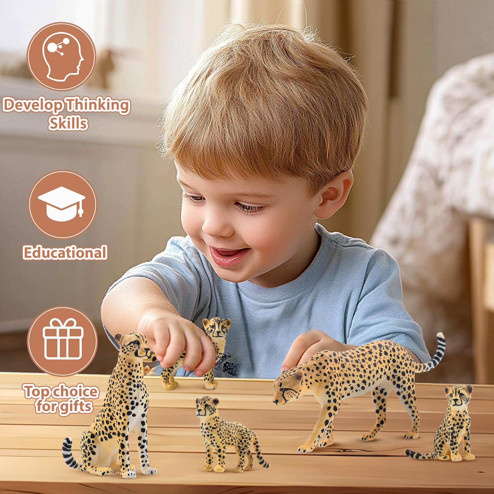 TOYMANY 8 sztuk gepardów, figurki zwierząt z gepardami, realistyczne figurki zwierząt z dżungli, zestaw rodzinny, zabawki do zoo, toppery na ciasto, prezent urodzinowy, do zabawy lub jako dekoracja