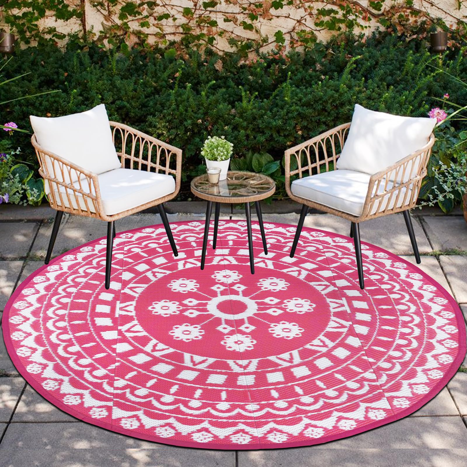 Capslpad Outdoor Teppich Rund 180 cm, Wetterfest Vorzeltteppich Camping Teppiche, Kunststoff Picknickdecke, Leichtgewicht Outdoorteppich für Balkon Picknick Camping Garten Terrasse Strand RV, Rosa