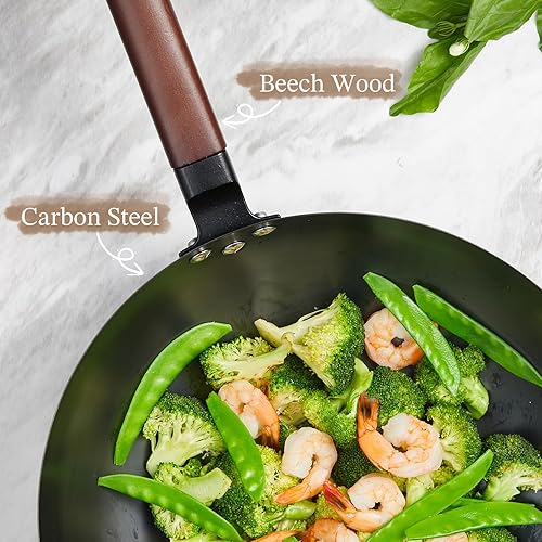 Miniatura 8 de KITEXPERT Wok de acero al carbono con tapa, sartenes antiadherentes de 13 pulgadas con mango de madera, wok chino sin revestimiento químico con