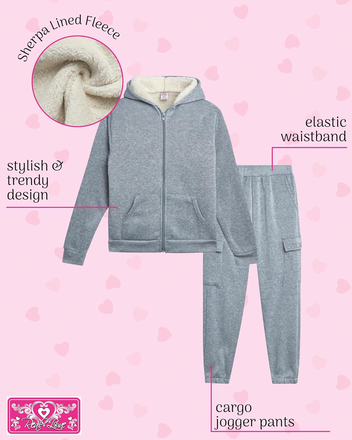 Real Love Girls Sweat Suit Set - 2 Piece Cozy Sherpa Lined Zip Up Hoodie and Cargo Jogger Sweatpants for Girls (Sizes:5-16) - Image 2