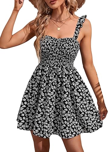 Miniatura 1 de WDIRARA Vestido corto con estampado floral para mujer, sin mangas, fruncido, busto fruncido, con cordón y dobladillo acampanado