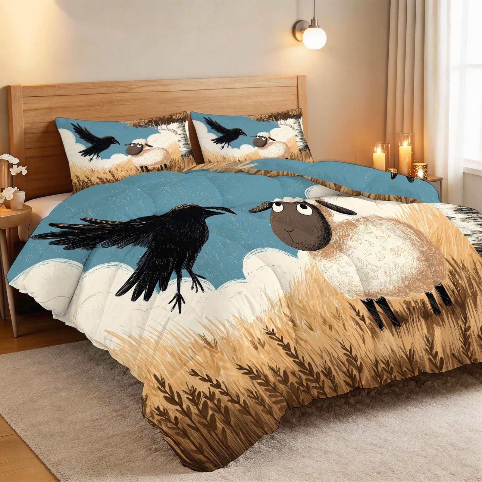 Generisch Weizenfeld Schafe Krähen Bettdecke 200 x 220 cm 4 Jahreszeiten Steppdecke, Cartoon-Tiere Waschbare Ganzjahresdecke Kinder Bettwaren Set Kinderzimmer Babyzimmer Bettdecke Ohne Bezug
