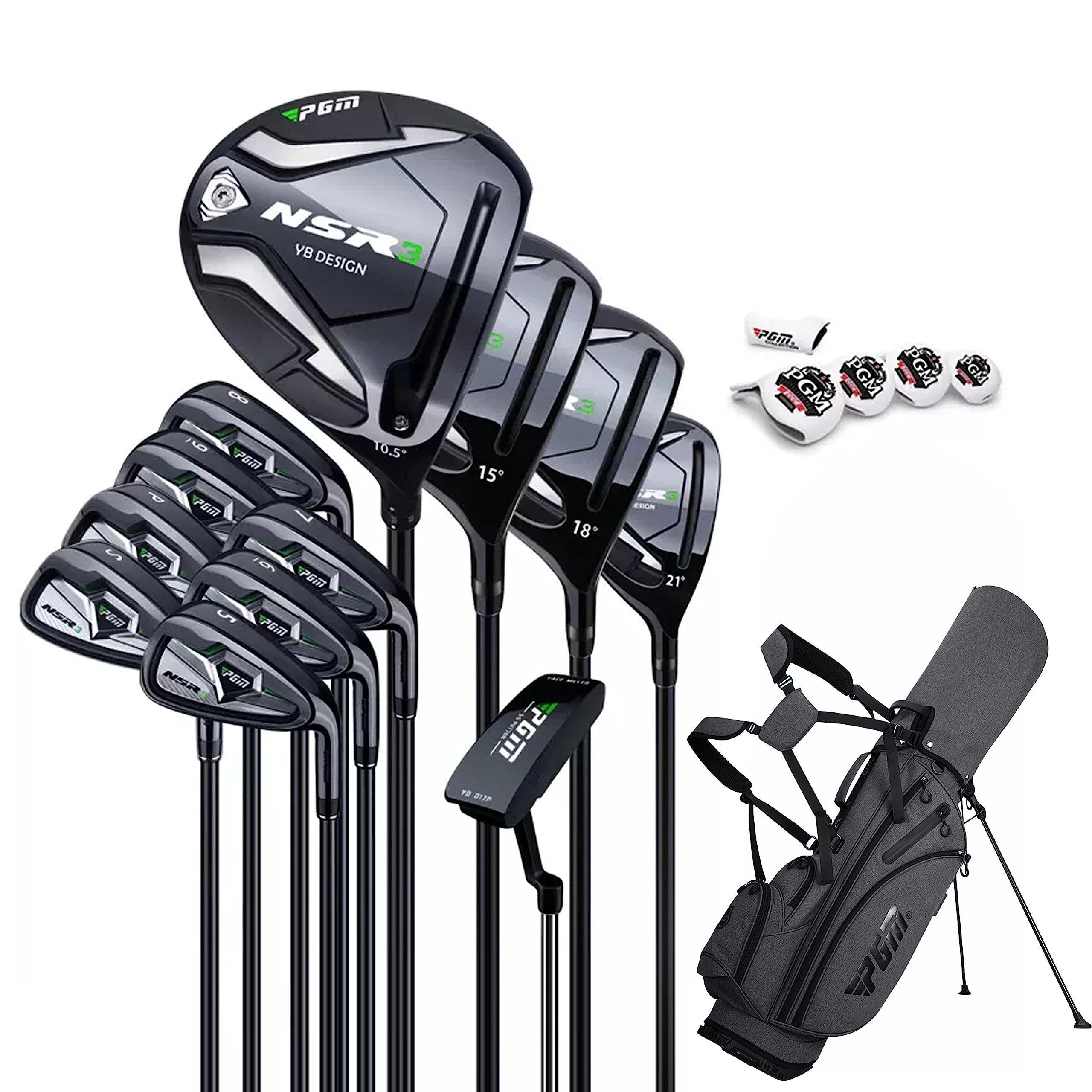 PGM Herren Golfschläger-Set, 12-teilig, 3 Holz (#1,3,5), 1 Hybrid (#4H), 6 Eisen (#5,6,7,8,9,PW), 1 Sandkeil (52°), 1 Putter – Golftasche MTG033-2