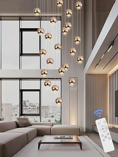 Miniatura 5 de Candelabro de cristal de granja, luces colgantes de lujo para techo alto para vestíbulo, escalera, 24 luces, lámpara dorada regulable 2700 K-6000 K