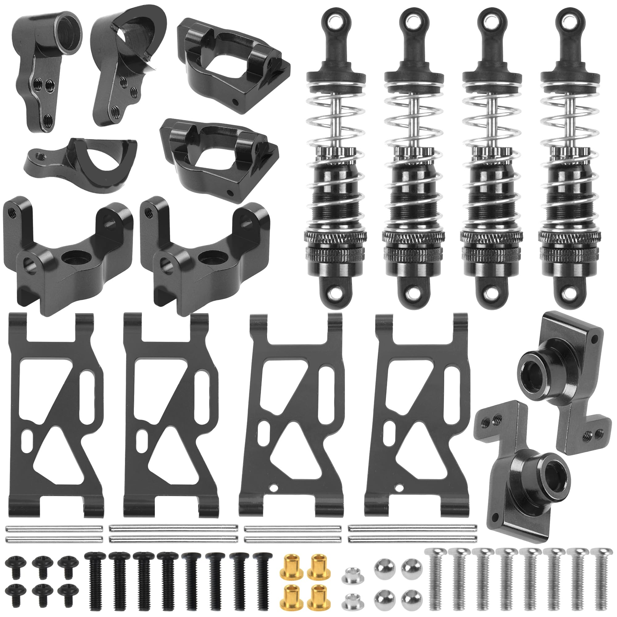 ShareGoo Aluminum Front Rear Swing Arm & Steering Knuckle Kit & Shock Absorbers Compatible with WLtoys 144010 144001 144002 1/14 RC Car (Black)