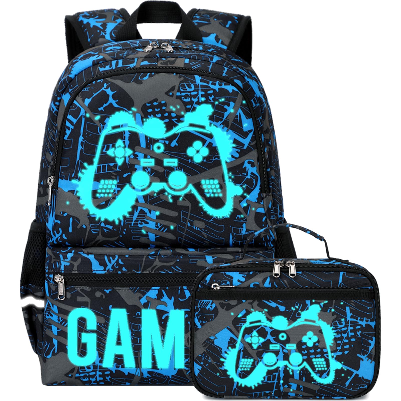 Octsky Kids School Backpack for Boys and Girls, Luminous Backpack with Lunch Box, Gamepad Bookbag School Back Pack