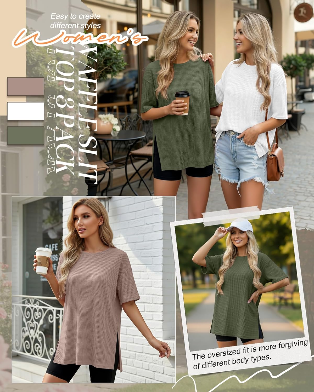 3 Pack Women's Oversized Waffle Knit Short Sleeve Tops Side Split Crewneck Loose Long T-Shirts Summer Casual Tees - Image 2