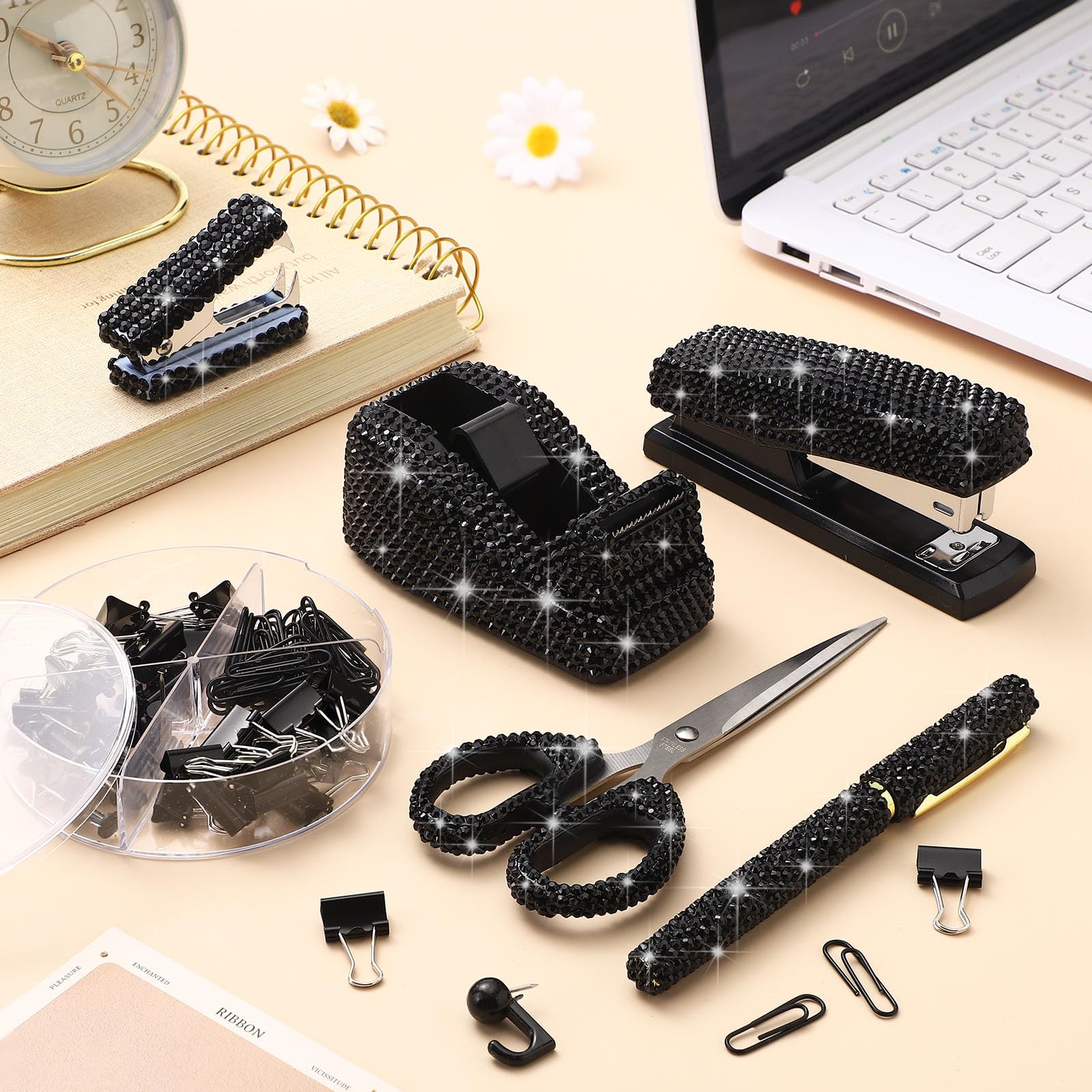 Demissle Set di 6 accessori da scrivania luccicanti per ufficio con cristalli, kit di cancelleria per il ritorno a scuola, forbici, pinzatrice, dispenser per nastro adesivo, penna diamantata