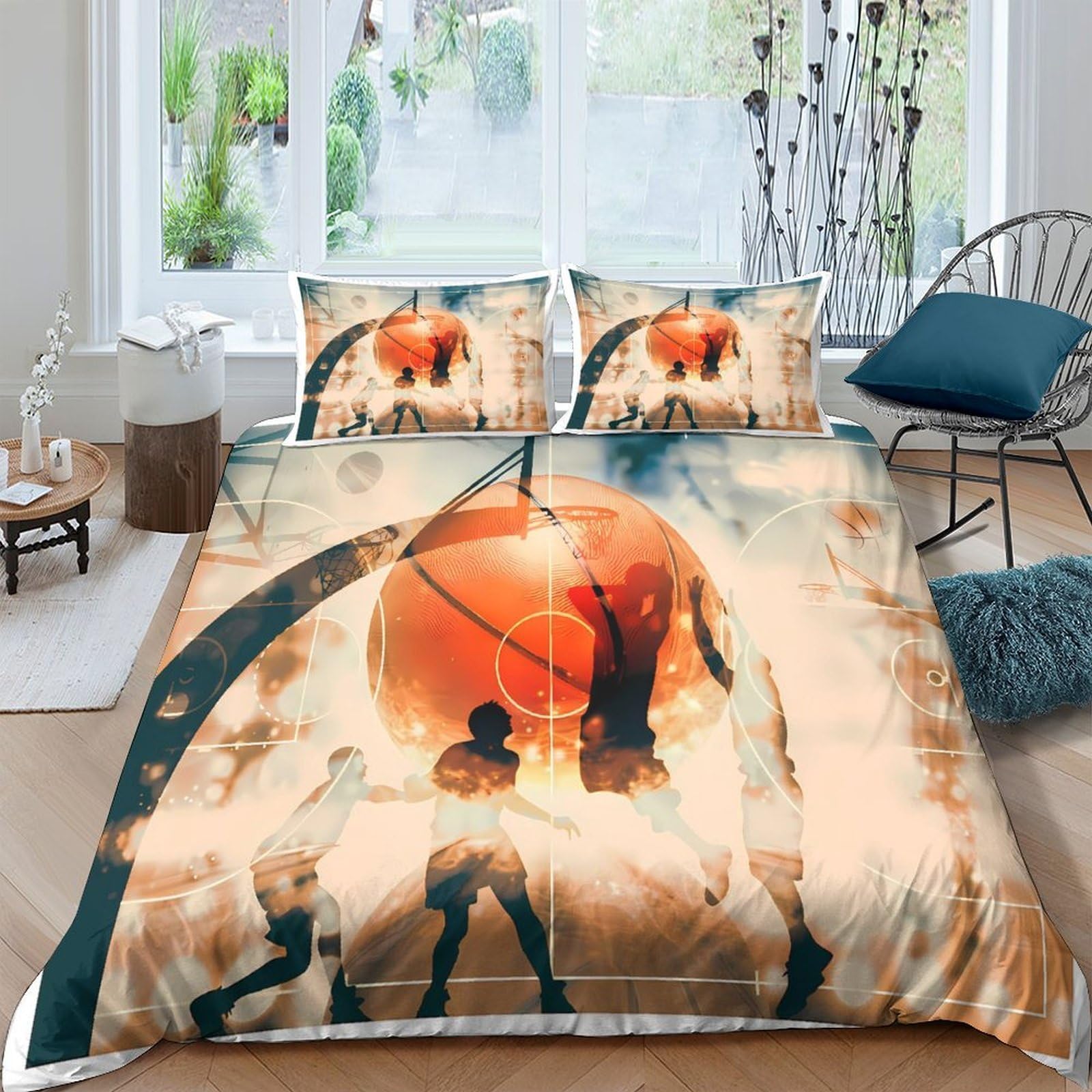 TUFRTGYHN 3D Printed Anime Orange Sun Duvet Cover Microfiber Soft Breathable Silhouette Bedding Set with 2 Pillowcases for Bedroom Decor Single（135x200cm）