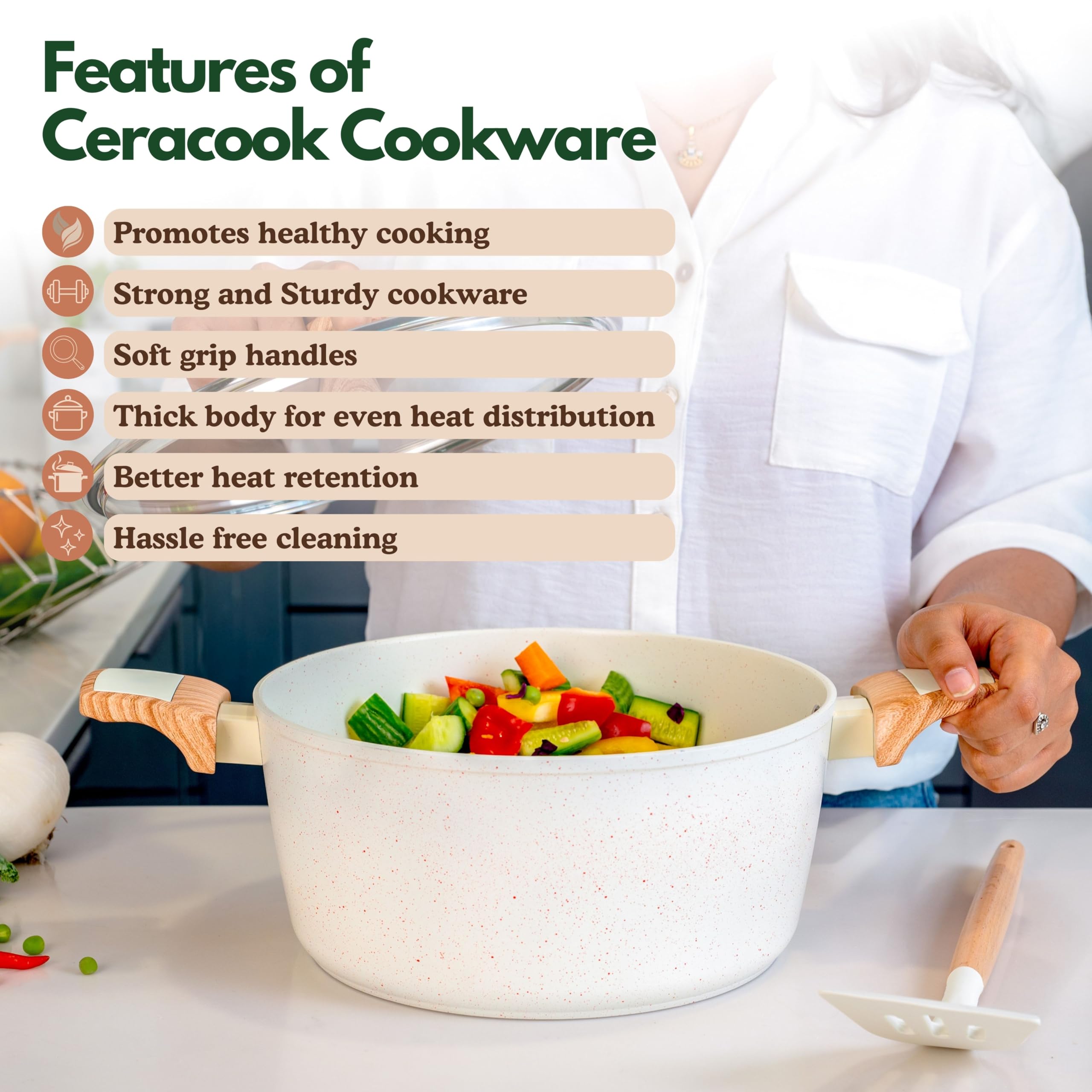 Kreme Ceracook Ceramic Coated Granite Casserole 5.5Ltrs /26cm with Glass Lid, Stew Pot, Biriyani, Rice, ISI Certified, Forged Aluminium, Gas & Induction Use, PFAS & PTFE Free, 1 Yr Warranty, Ivory 2