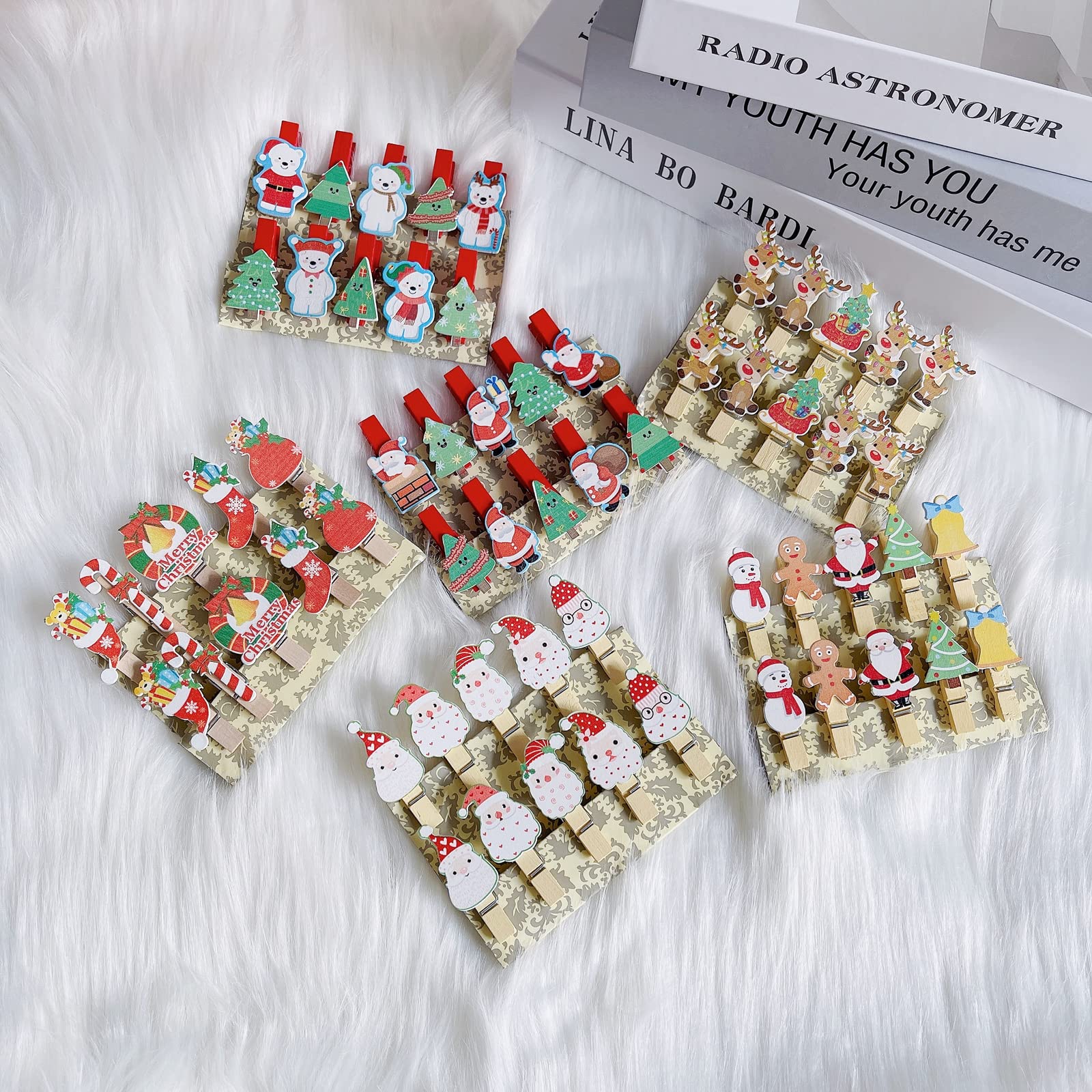 QTMY 70 Pcs Mini Clothes Pins for Photo,Christmas Tree Stocking Santa Wooden Clip Hanging Photos with Twine Decoration Supplies Favors