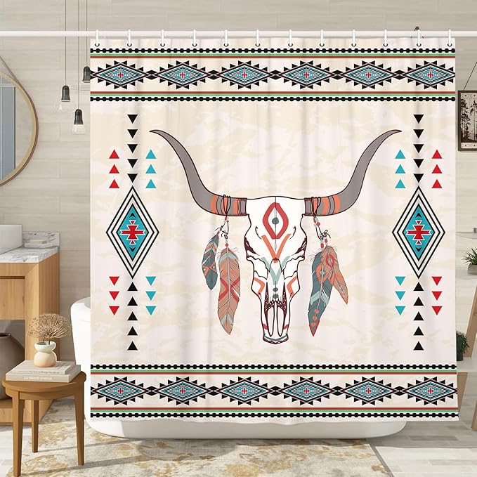 Western Boho Shower Curtain Bull Skull Aztec Native American Tribal Southwestern Shower Curtains Set Cattle Feathers Geometry Shower Curtains for Bathroom 72X72 Inches with Hooks