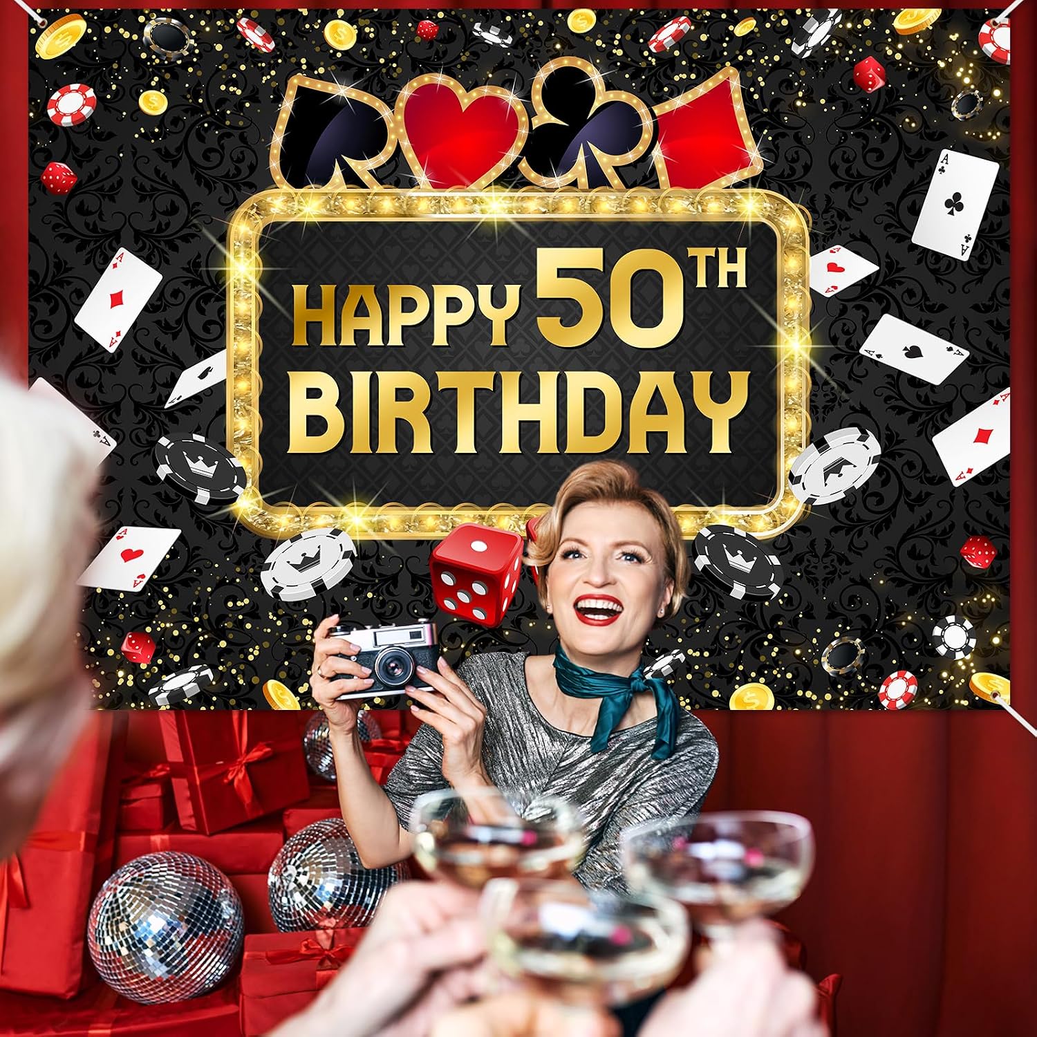 Avezano Casino Birthday Backdrop Las Vegas Casino Night Happy Birthday Photography Background Casino Night Theme Birthday Decorations Backdrops Cake Table Banner (50th, 7x5ft)