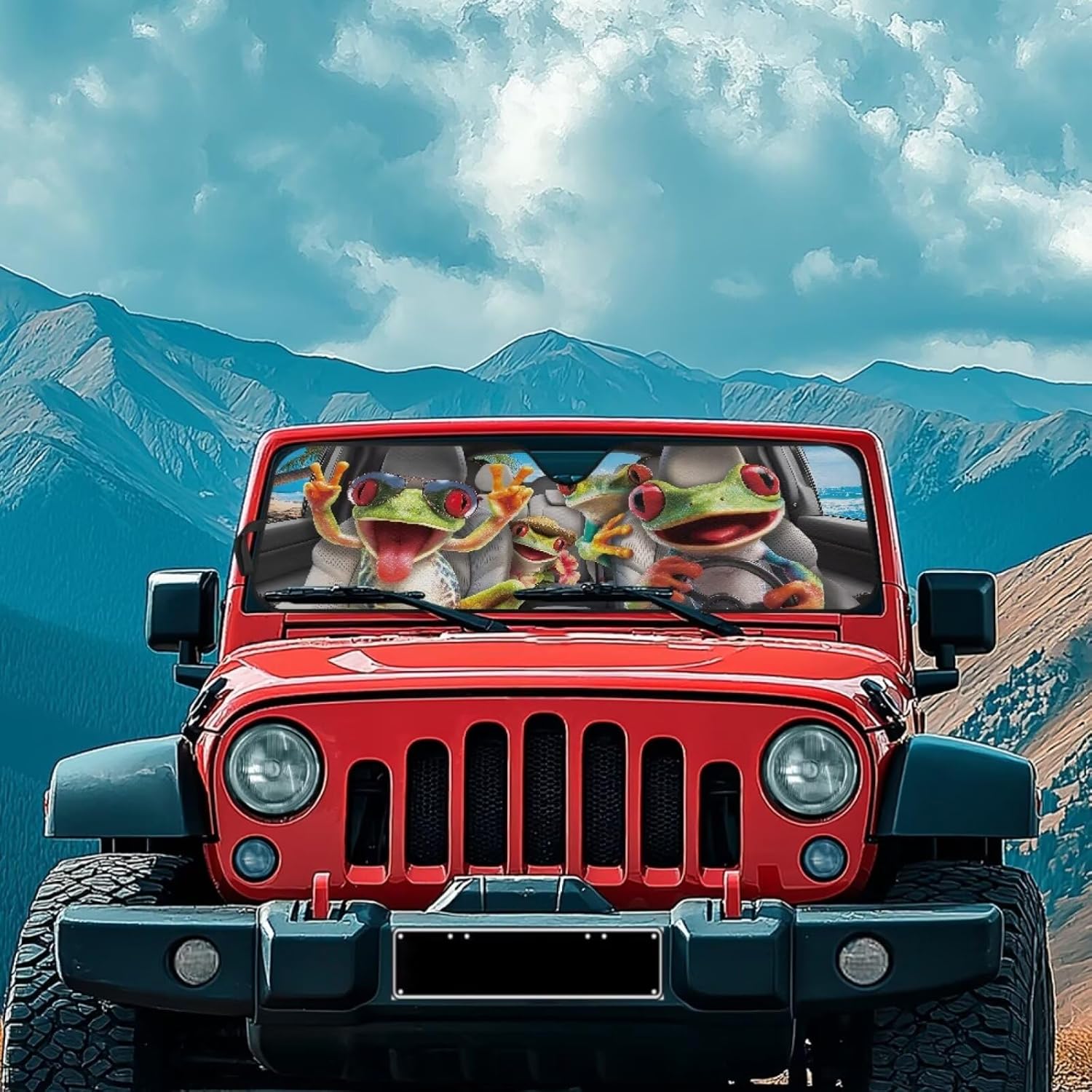 Funny Frog Windshield Sun Shade Compatible with Jeep Wrangler JK JKU JL JLU & Jeep Gladiator JT Folding Front Window Sun Shade