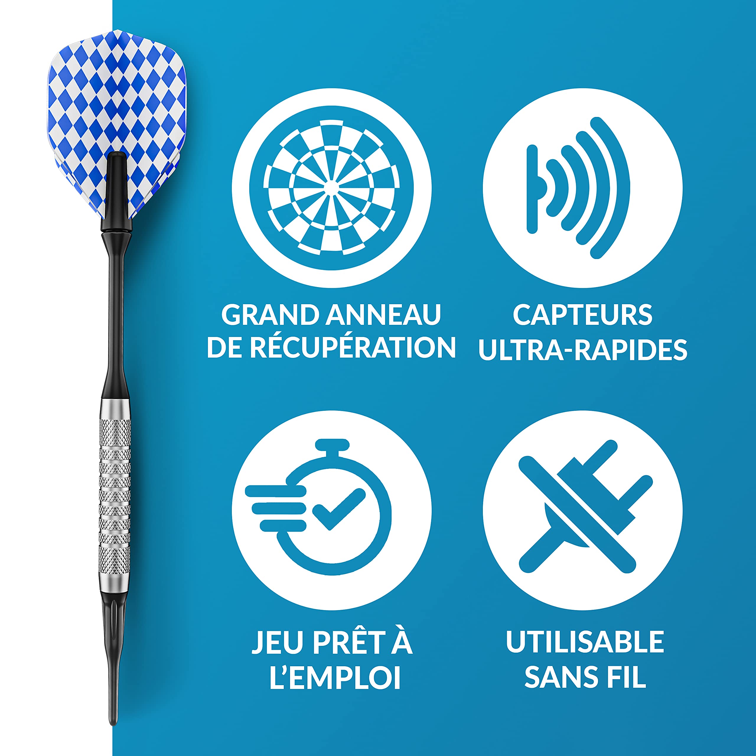 DartPro Cible de fléchettes électronique avec 6 fléchettes [utilisable sans fil] - Distributeur de fléchettes innovant avec 65 variantes - Fléchettes pour 1 à 8 joueurs