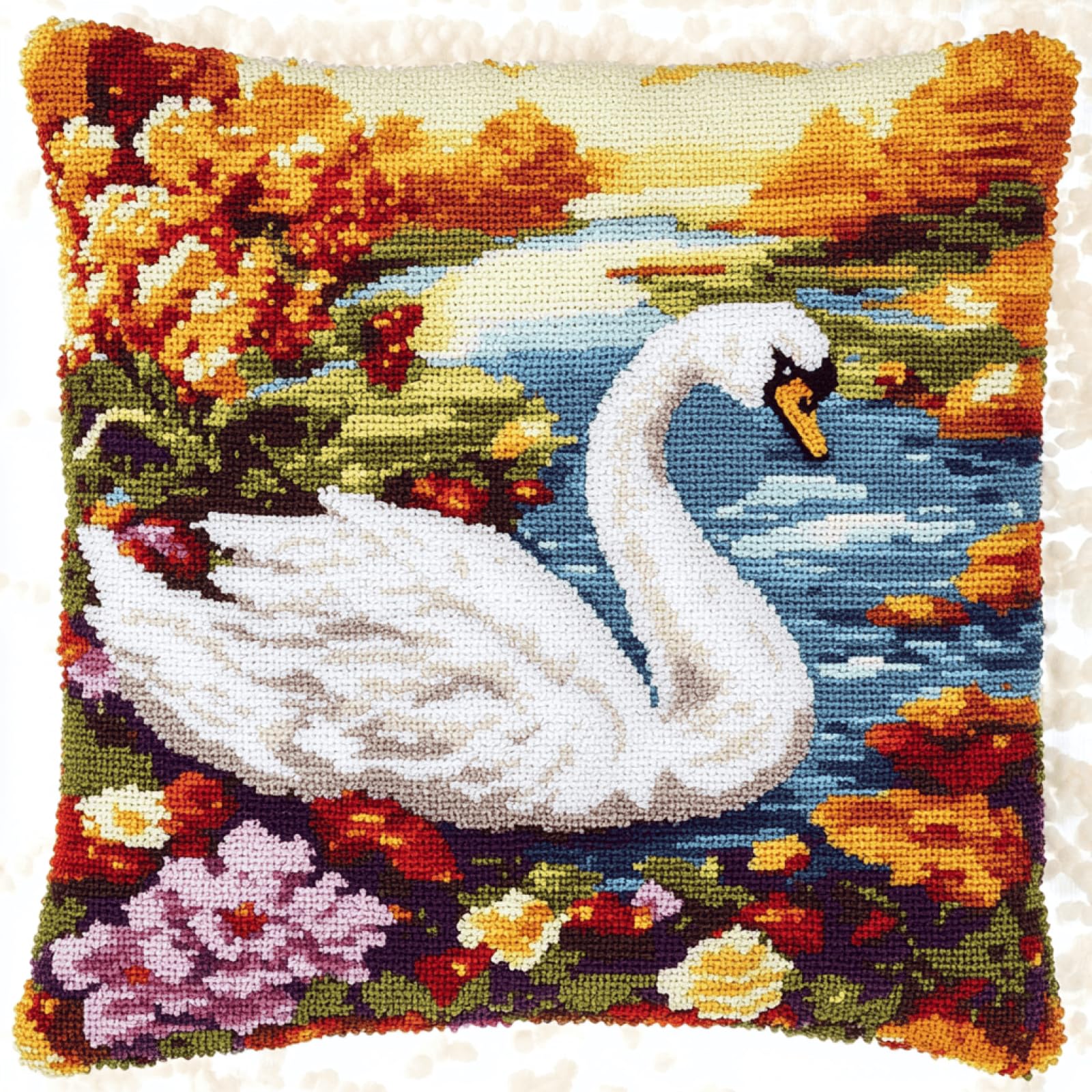 XDEGHUANGSS White Swan Latch Hook Cushion Cover Kit 17x17 Inch, Pillow Making Kit for Adults & Beginners, Latch Hook Rug Kit for Women