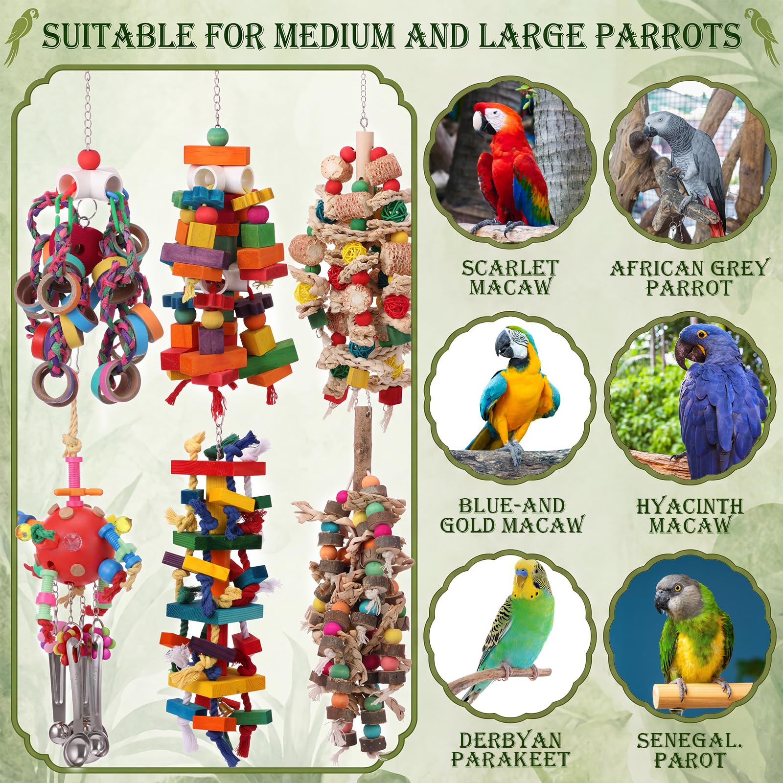 Soulchen 6 Stück extra großes Vogel-Papageienspielzeug-Set aus natürlichem Holz, Rattan-Ball, Holznuss, Luffa-Schnur (Beutel) für große Aras, afrikanisches Grau, Amazonas-Papageien (Naturholz)