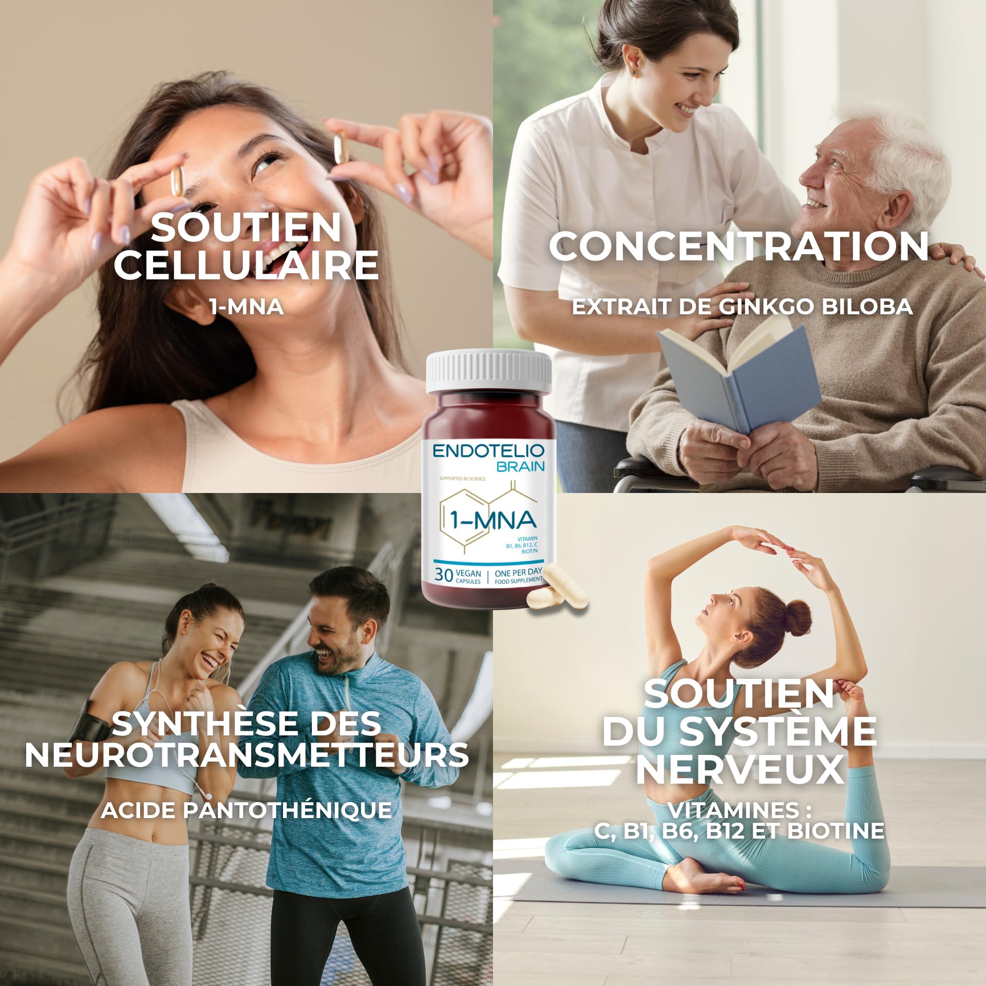 1-MNA Brain, Supplément Anti-âge, Optimise le NAD+, avec Ginkgo Biloba, Zinc, Biotine, Vitamines C, B1, B5, B6, B12, L'humeur, Mémoire, Concentration, 30 Capsules
