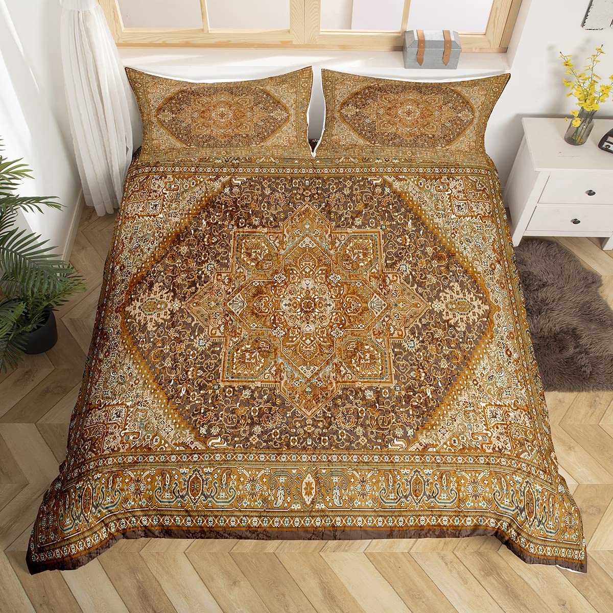 Homewish Vintage Bedding Set Single Terracotta Comforter Cover Retro Bohemian Bed Set Oriental Medallion Duvet Cover Tribal Paisley Quilt Cover Women Girls Aesthetic Room Decor 2Pcs No Comforter