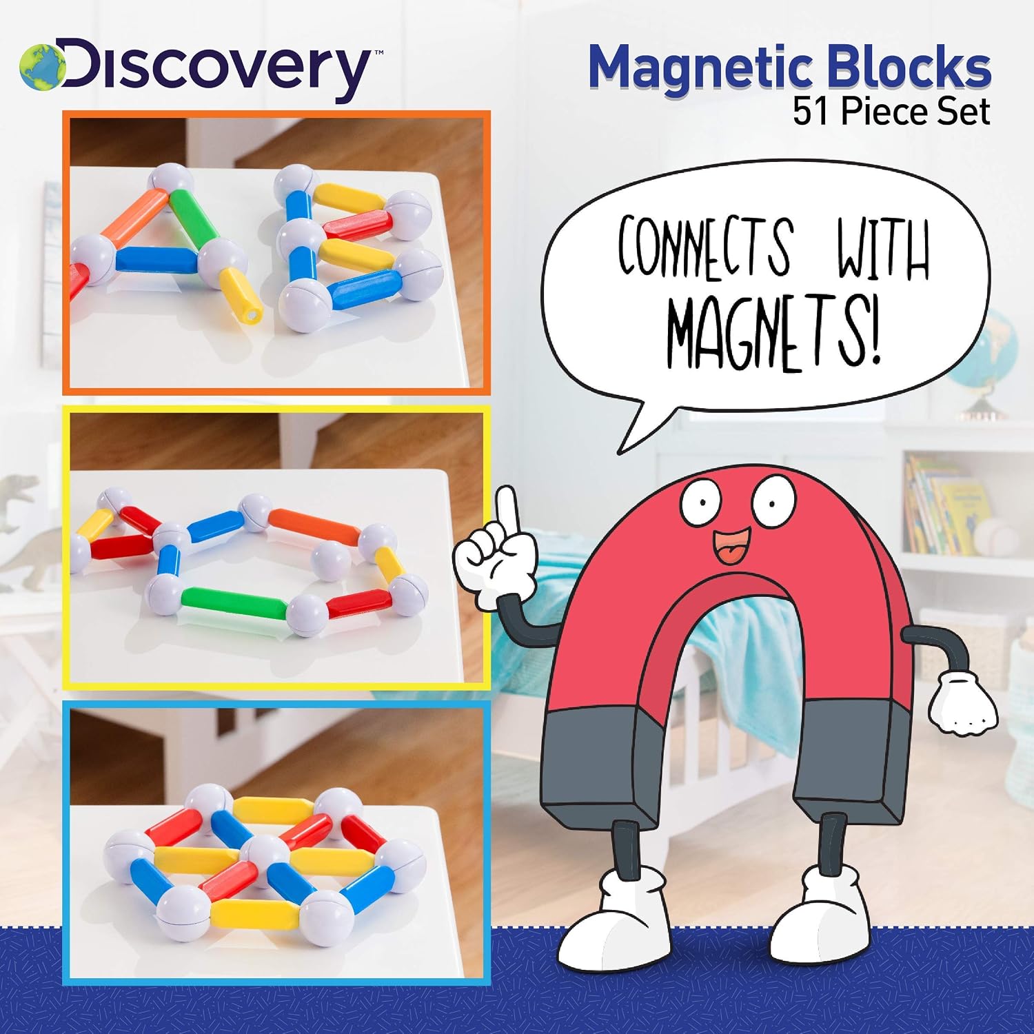 Discovery Kids 51-Piece Magnetic Building Block Set with Storage Bag