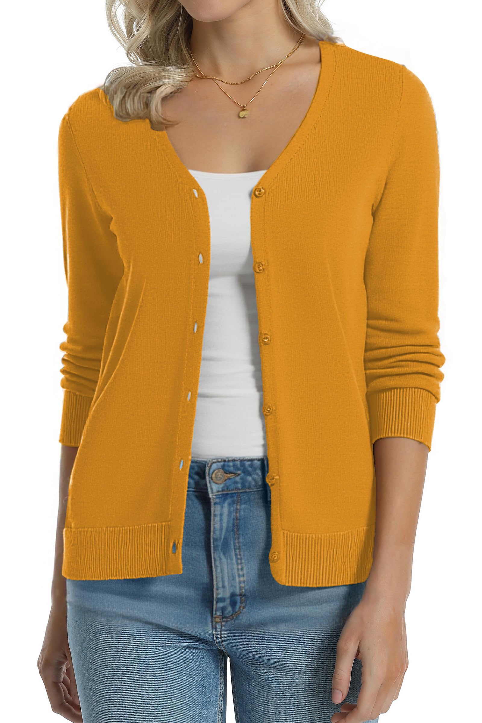 Photo 1 of QUALFORT Women's V Neck Cardigan Sweaters 100% Cotton Long Sleeve Casual Button Down Knit Outerwear Yellow Large