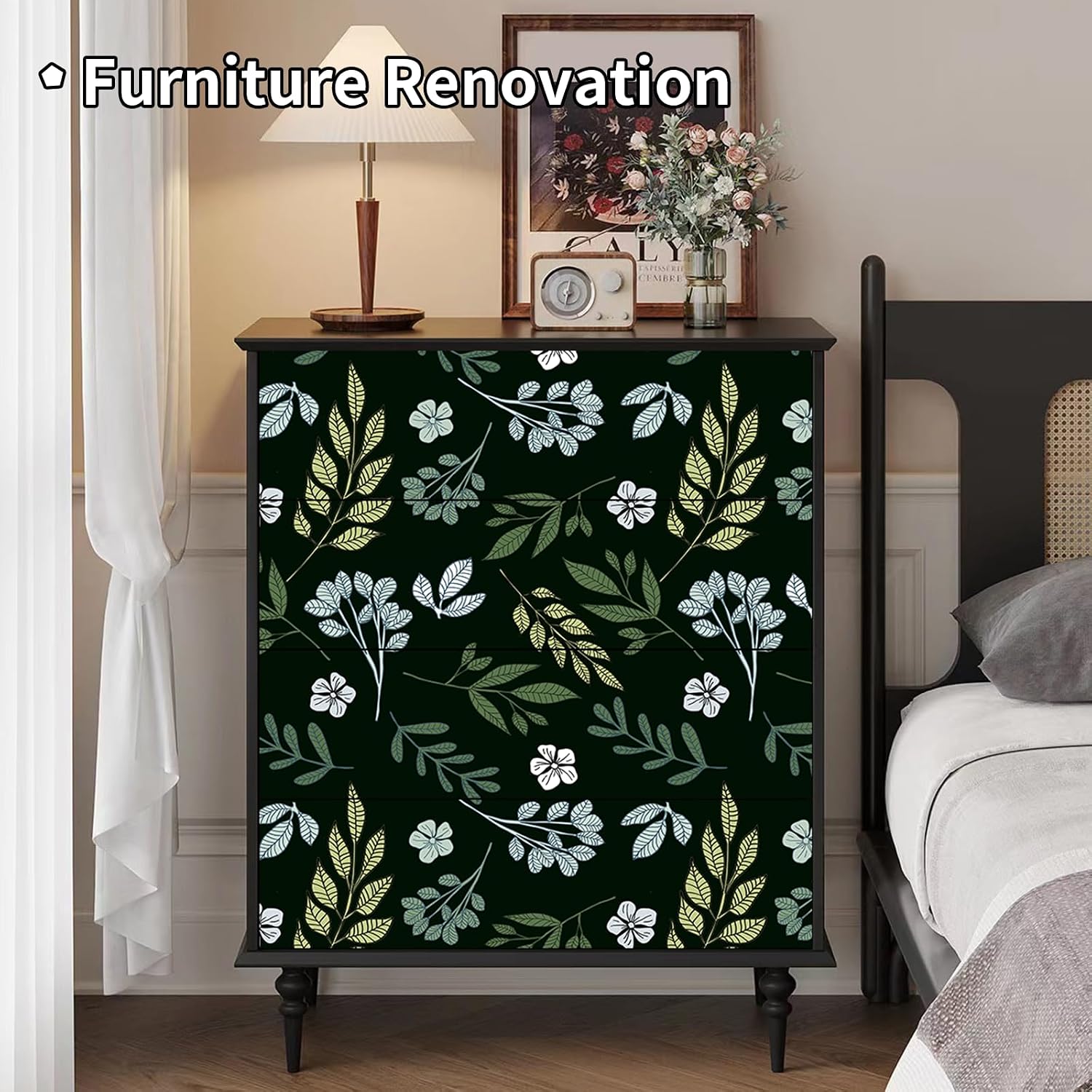 Removable Peel and Stick Wallpaper Boho 17.5 x 393.7 in Floral for Bedroom Bathroom Easy Peel Off Stick on Wallpaper Contact Paper Renter Friendly Wall Paper Blackish Green