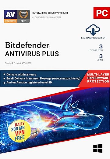 Bitdefender – 3 Computer,3 Years – Antivirus Plus | Windows | Latest Version |(Single Activation Code) Email Delivery in 2 Hours- No CD |