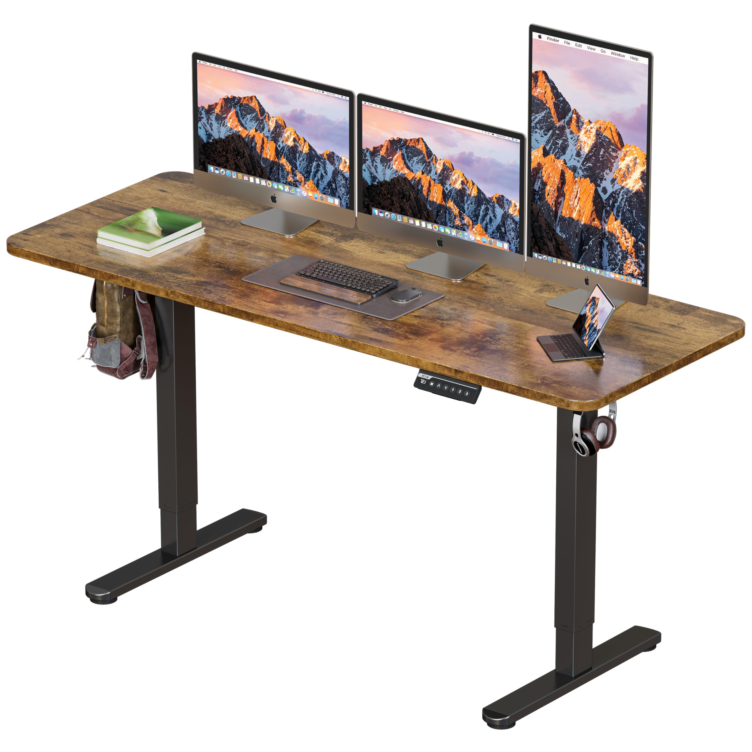 BIZUM Electric Standing Desk 160x60cm Gaming Desk 3 Memory with Splice Board, 70–115cm Lift, 2 Hooks, 80kg Load, Computer Workstation, Rustic Brown — image 1