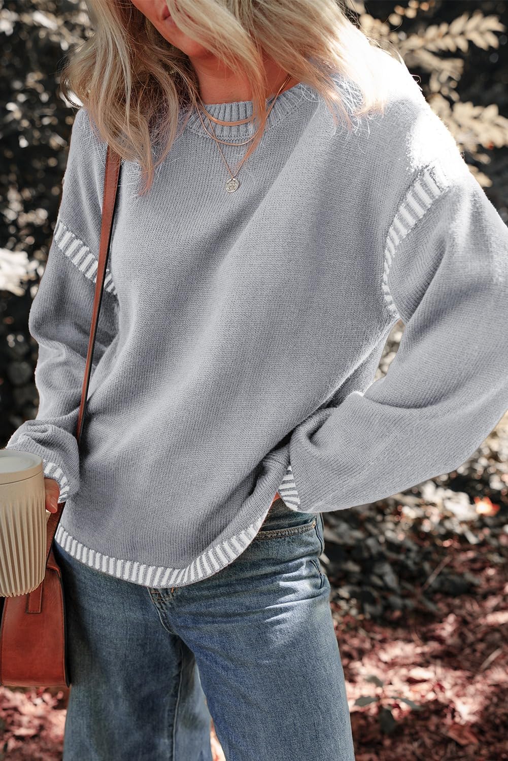 Dokotoo Sweaters for Women Fashion Solid Crewneck Loose Fit Long Sleeve Contrast Cable Knit Pullover Sweater Jumper Tops - Image 3