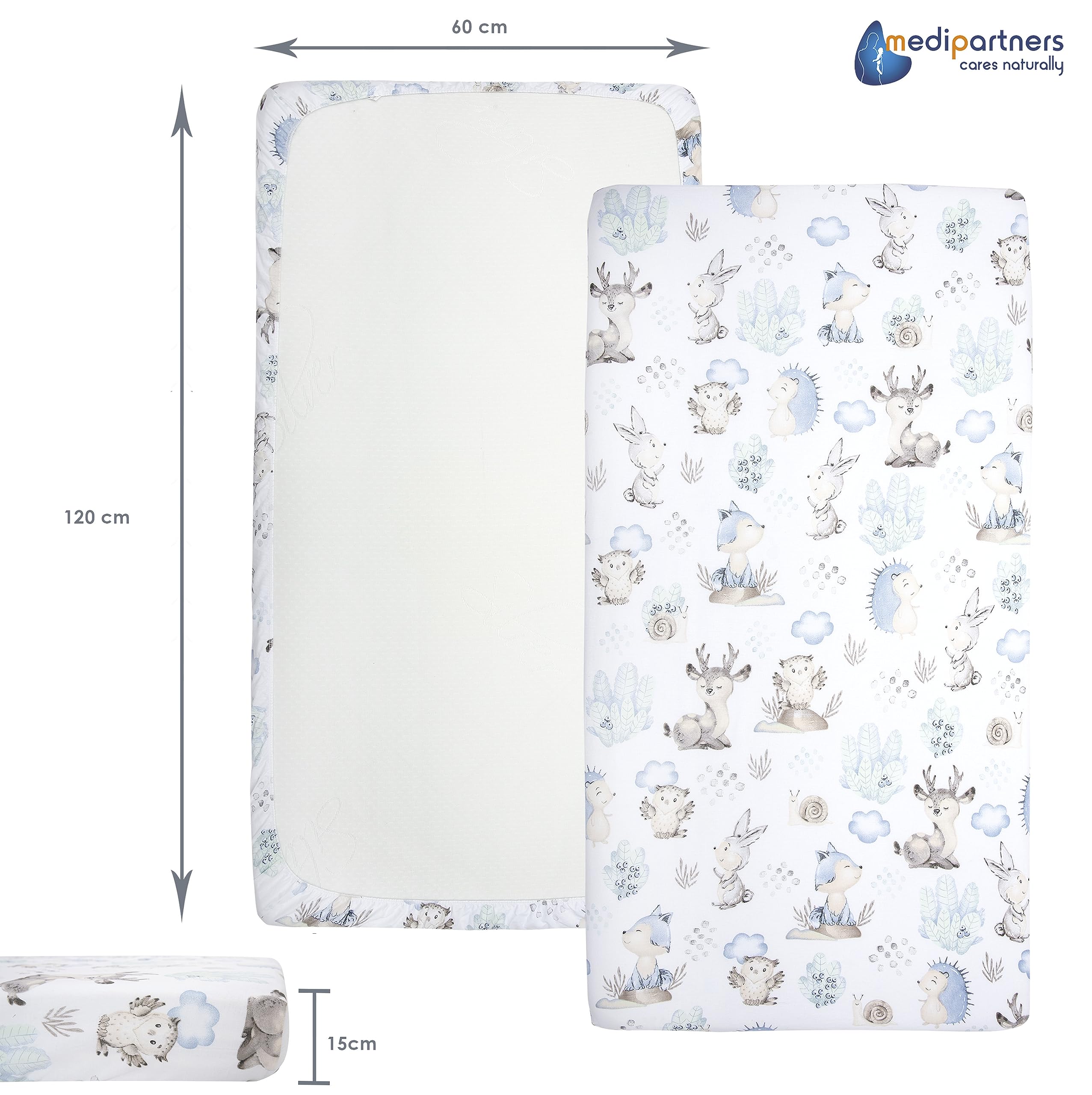 Medi Partners Set of 3 pcs. Fitted Sheet 60x120 cm 100% Cotton Baby Bed Linen Mattress Cot, Deer and Hedgehogs-white-grey, Three pack - Image 4