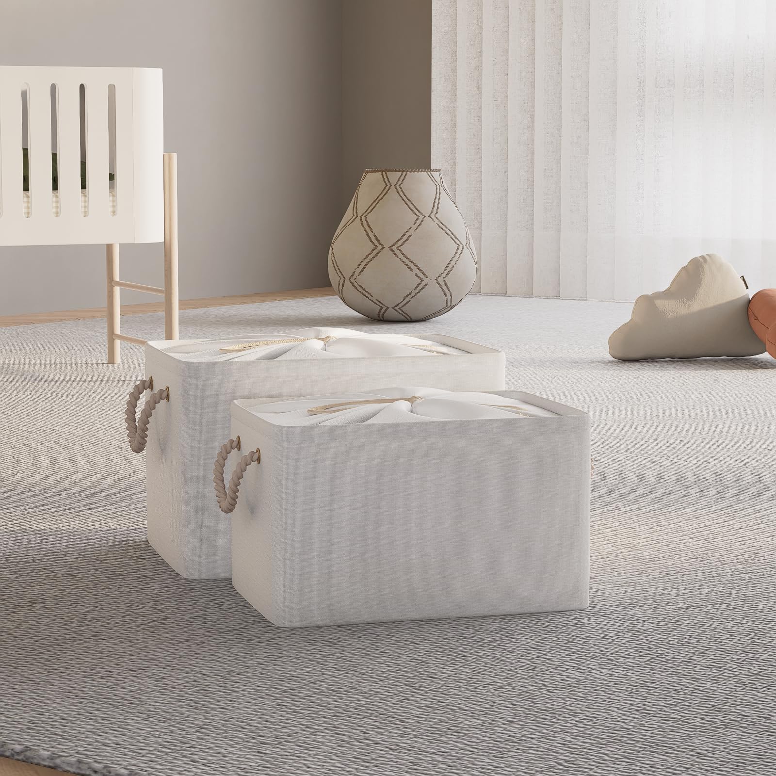 OUTBROS Juego de 3 Caja de Almacenaje plegable, 38 x 28 x 26 cm Cesta de Almacenamiento grande de tela con asas de transporte y cubierta de cordón para toallas, ropa, Blanco puro