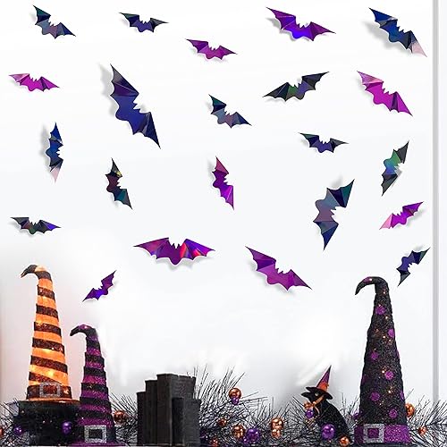 Miniatura 4 de 72 piezas de murciélagos para decoración de Halloween, murciélagos iridiscentes 3D, decoración de pared, papel holográfico negro y morado,