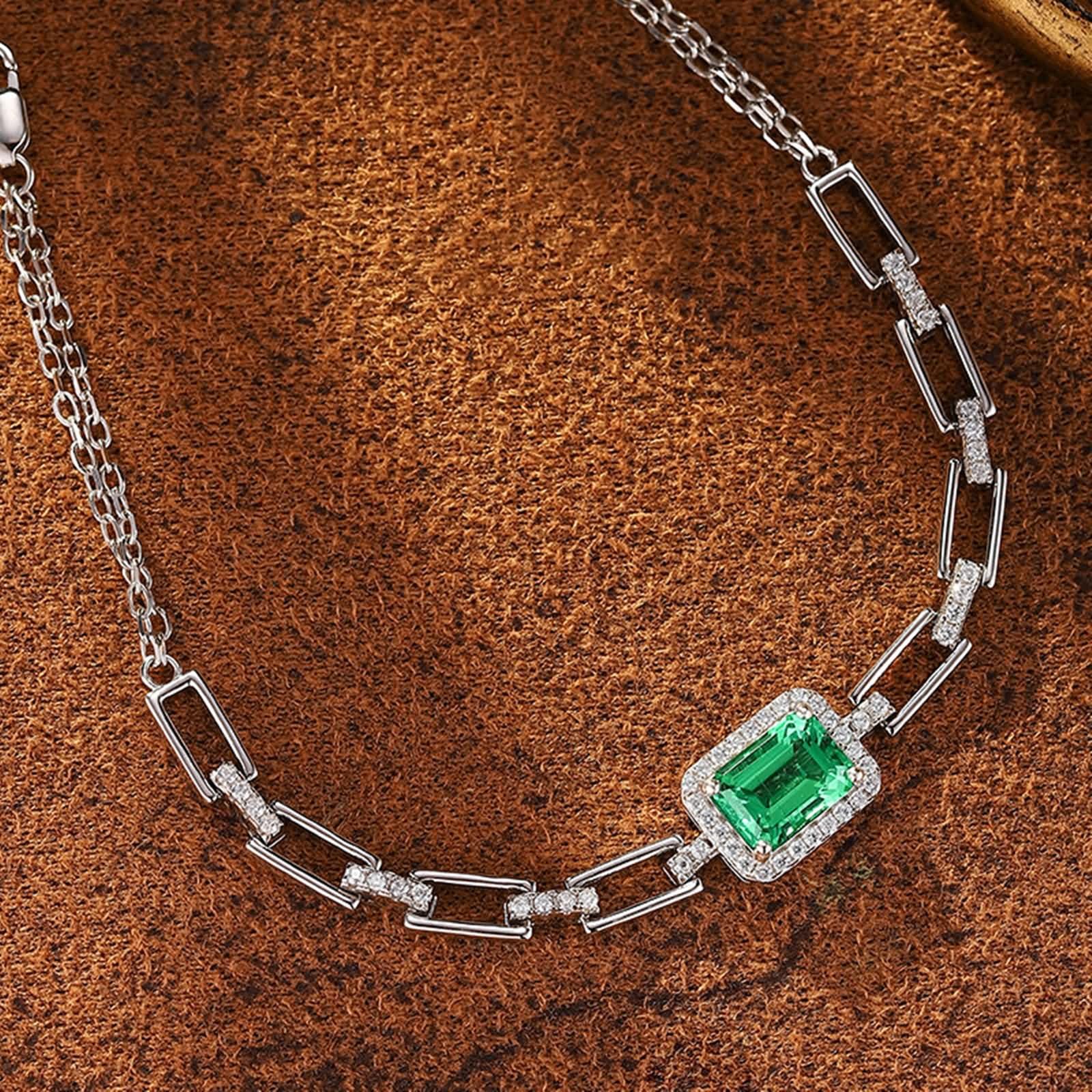 Pulsera de Mujer Oro Blanco 9 K / 14 K / 18 K, Rectángulo con Esmeralda Creada de 1,5 ct y Moissanita, Cadena Extensible 16 CM + 5 CM, Pulsera Ajustable Mujer Cadena Plata Verde