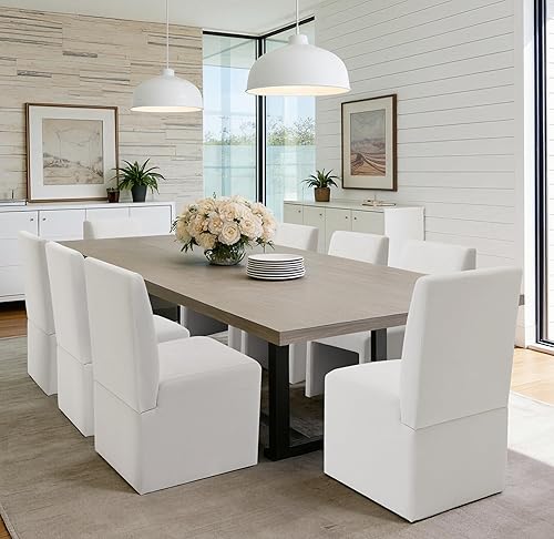 Miniatura 22 de Juego de 8 sillas de comedor tapizadas modernas para cocina y comedor, sillas de comedor de tela de lino con marco de madera, color gris