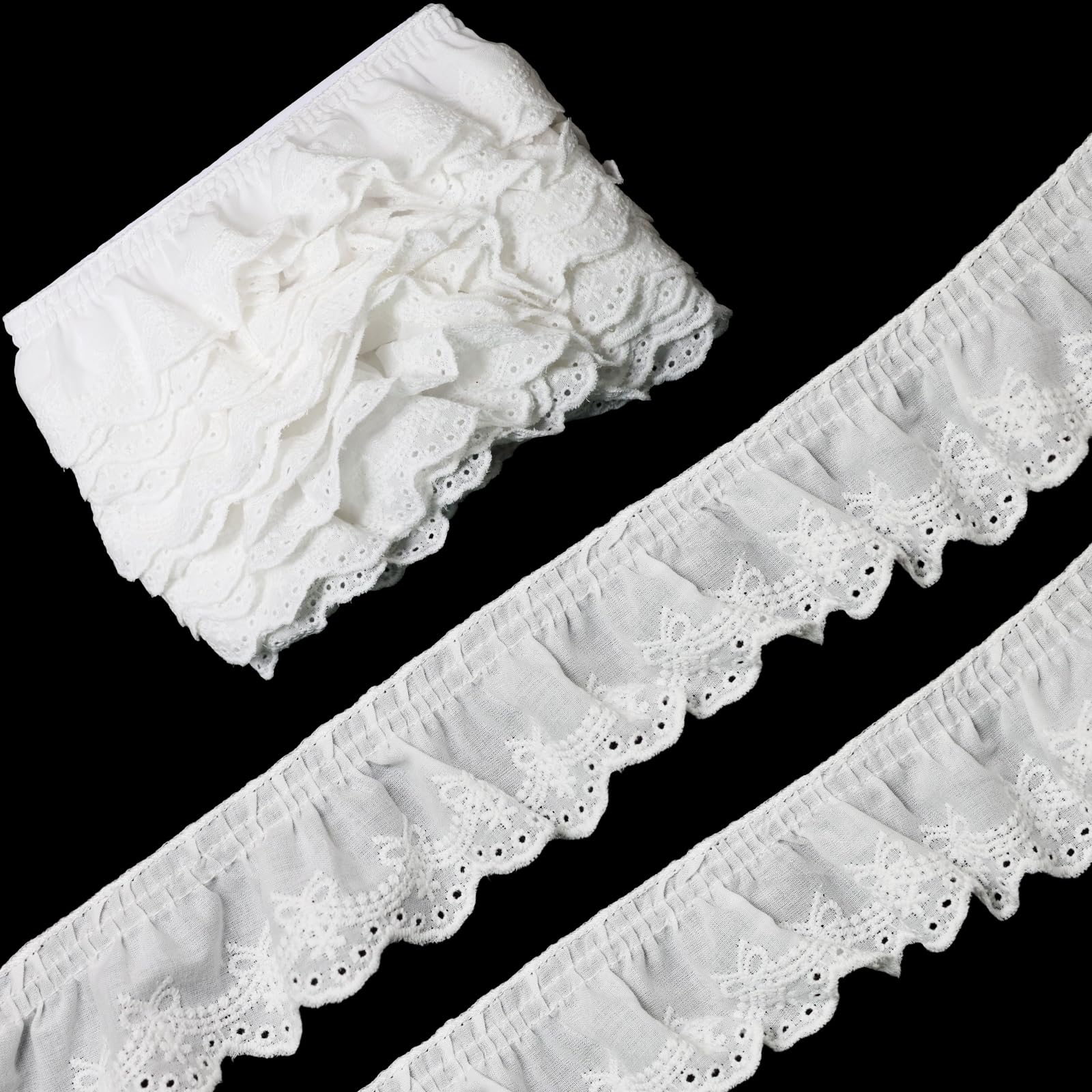 Yalulu 5 Yards Gathered Cotton Lace Trim, Scalloped Lace Trim Ribbon for Sewing, Embroidery and Crafts (White)