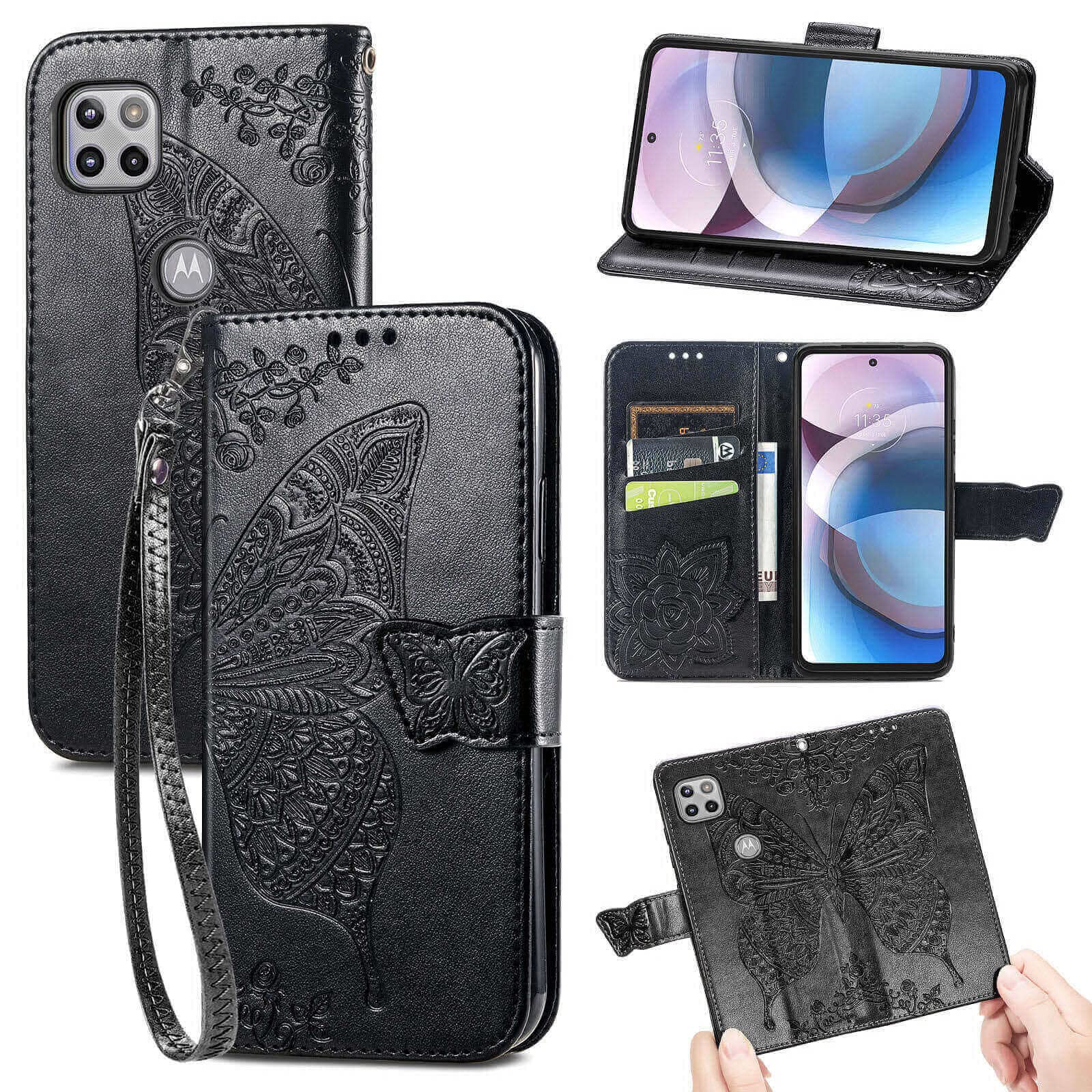 Designed for Motorola One 5G Ace Phone Case,Moto G 5G Wallet Case,Women Butterfly Embossed PU Leather Kickstand Card Holder Slots Wrist Strap Flip Cover for Motorola Moto One 5G Ace 6.7" (Black)