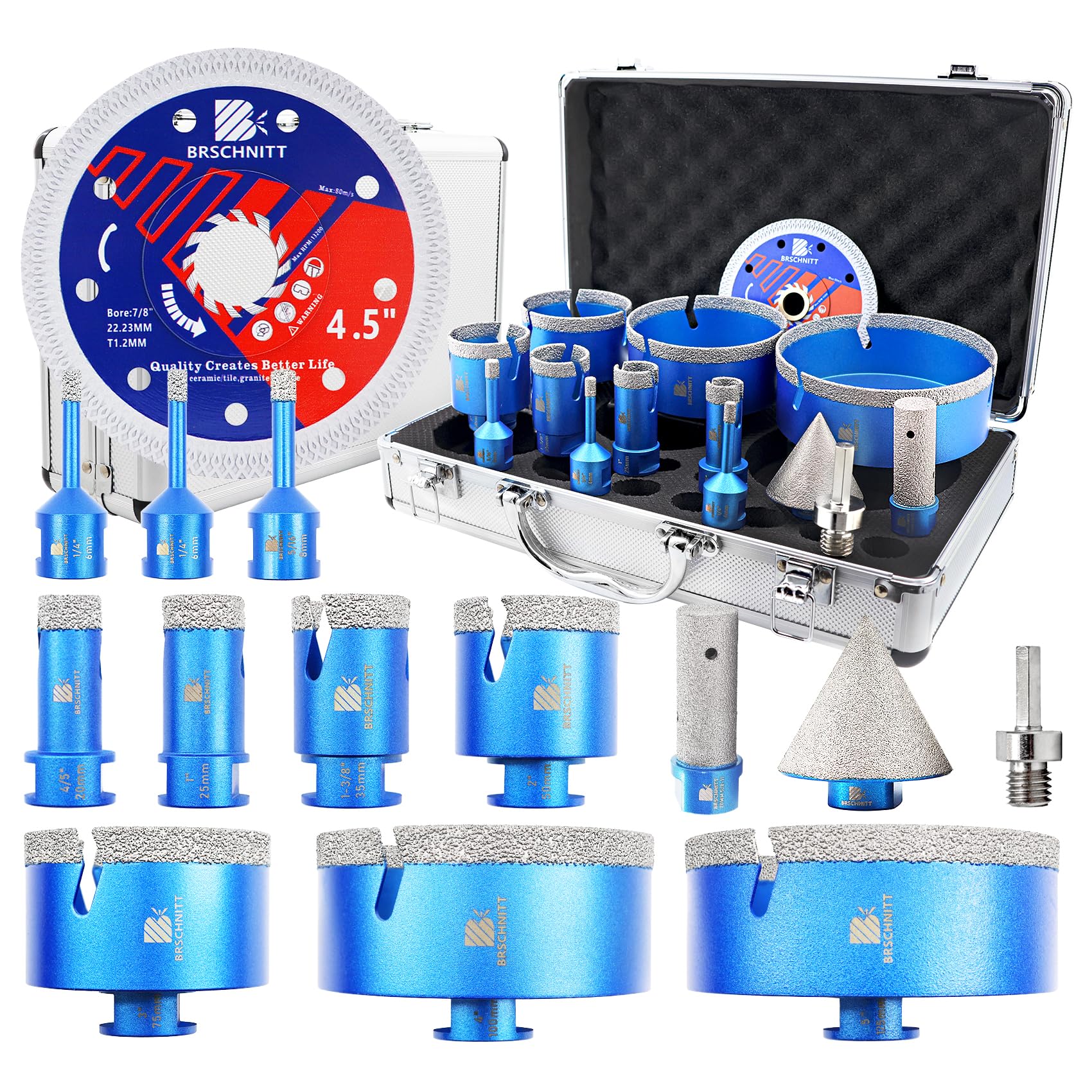 Diamond Core Drill Bit Set - BRSCHNITT Tile Hole Saw Kit 1/4"-5"& 4/5" Finger Bit 2" Chamfer Bit 5/8-11 Thread for Porcelain Tile Ceramic Marble Granite 4-1/2" Diamond Blade