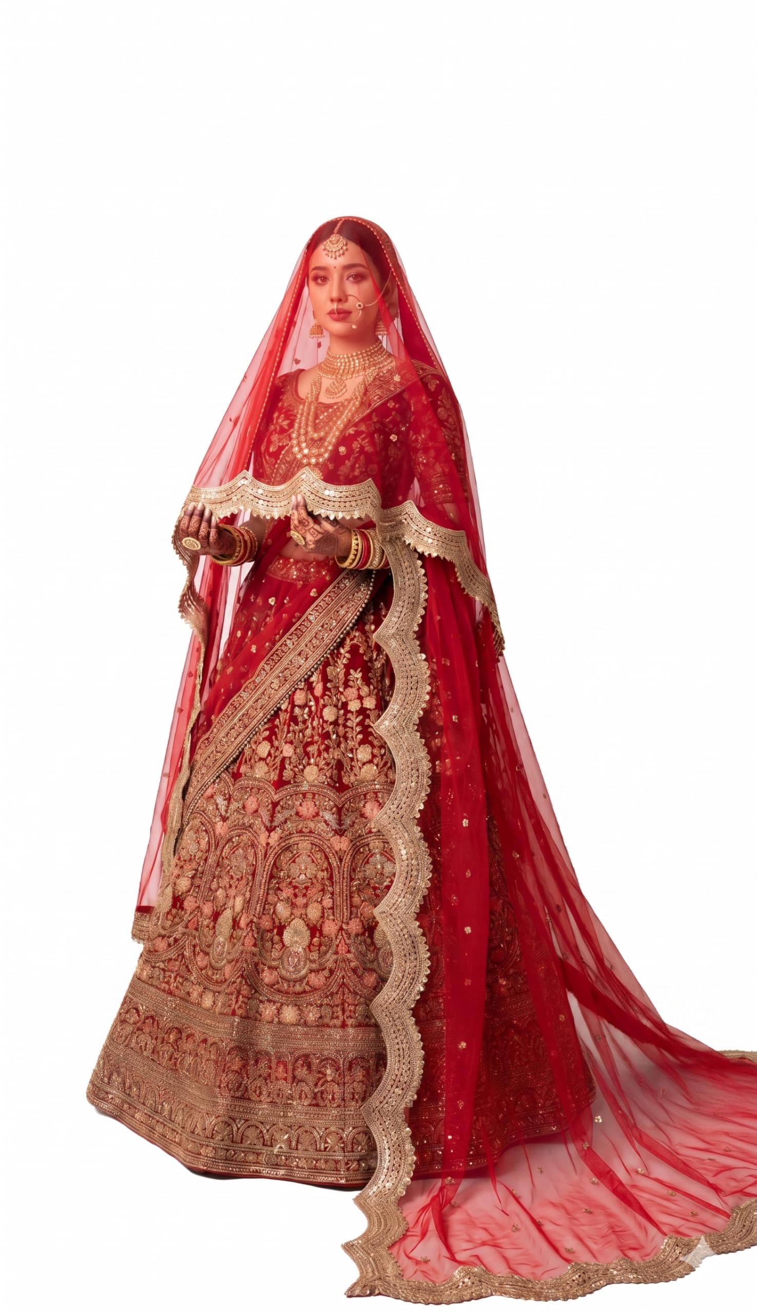 Bridal Trail Dupatta, Red, Soft Net, 3.5 Meters, Gold Zari Lace Border, Wedding Veil-image-19