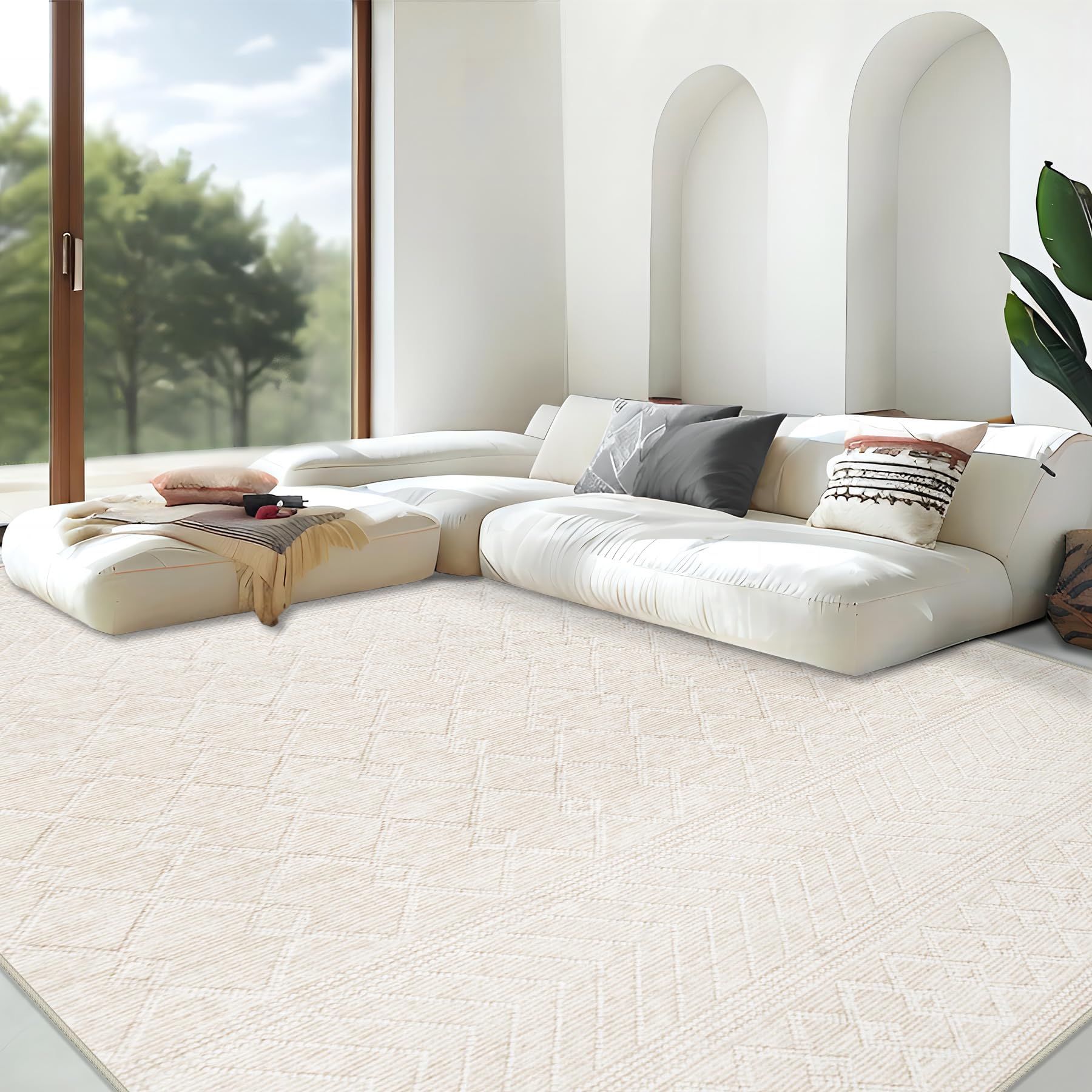 Photo 1 of Area Rug Living Room Rugs 8x10 - Large Soft Boho Geometric Rug, Non-Slip Foldable Washable Rugs Non Shedding Morden Indoor Floor Carpet for Living Bedroom Office Dining Room(Modern Beige,8'x10')