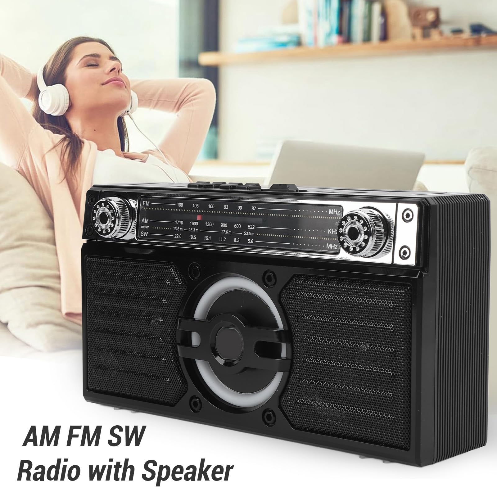 VBESTLIFE Przenośne Radio, Bluetooth FM AM SW z Czytnikiem Kart USB, Podwójne Głośniki 5 W, 18H żywotności, Typu C, do Podróży na Zewnątrz Domu (BLACK)