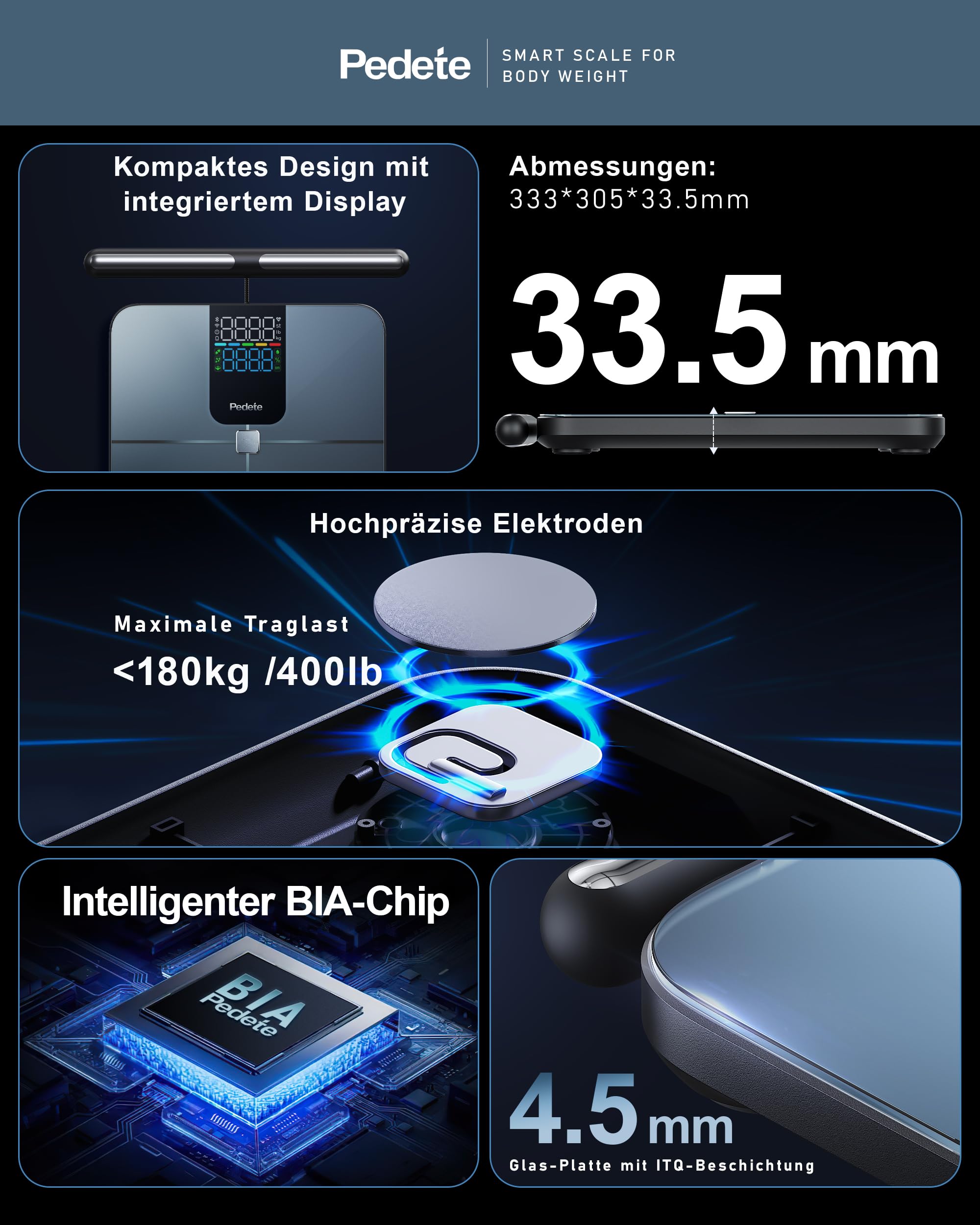 Körperfettwaage Smart Waage Personen,digitale Personenwaage mit 8 Elektroden,Digitale Waage mit Körperfett,Körperwaage Digital Bluetooth, für Protein, BMI und 28 körperanalysewaage. (180kg)