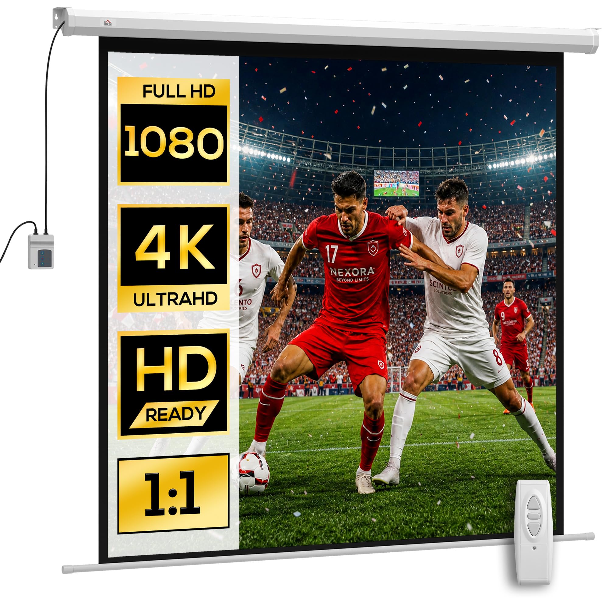 HOMCOM - Pantalla de proyector de 85 pulgadas, 1:1 4K HD pantalla de proyección motorizada y eléctrica, pantalla de proyección de TV y cine en casa, montaje en pared o techo, panel de control y mando