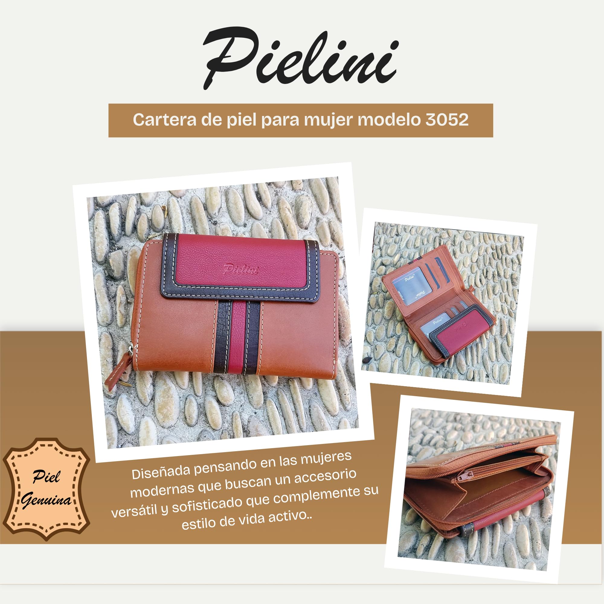 Pielini - Cartera de Piel para Mujer con Billetera y Monedero. Monedero de Gran Capacidad Modelo 3052 (Cuero)