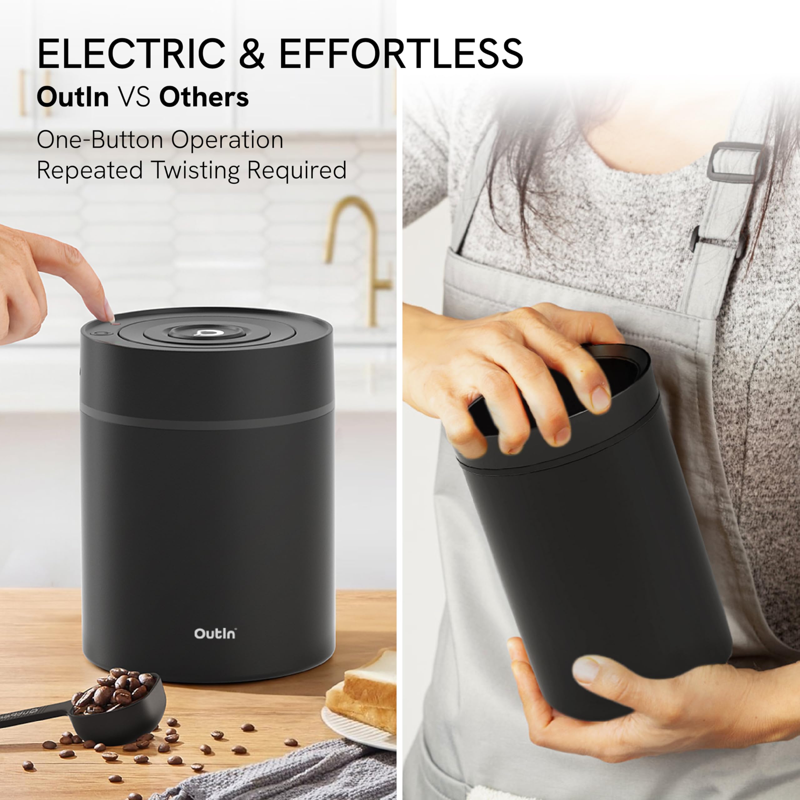 OutIn Casetta elettrica per caffe, contenitore per caffè in acciaio inox, conservazione automatica sottovuoto dei chicchi di caffè, funzionamento con un solo pulsante(500ml nero)