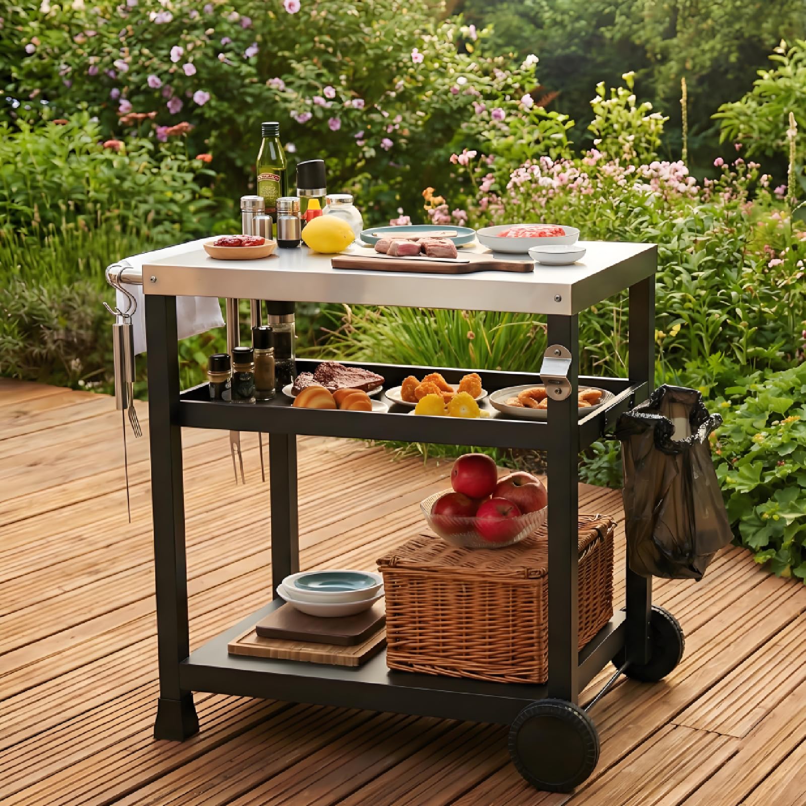 LIFERUN Acciaio Inox Carrello Barbecue 3 Ripiani, Tavolo BBQ Cucina Esterna | Carrello Cucina Esterna con 2 Ruote Ganci, Carrello di Servizio Cucina Esterni da Multiuso, per Casa Cortile Patio e Giardino