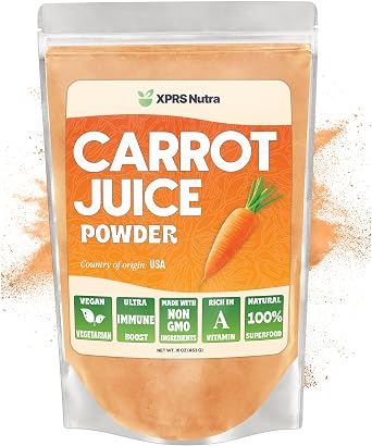 XPRS Nutra 100% Natural Carrot Juice Powder - Pure Carrot Powder from The USA - Ideal for Juice and Smoothie - High in Vitamin A, Phytonutrients and Antioxidants - Non-GMO 16 oz